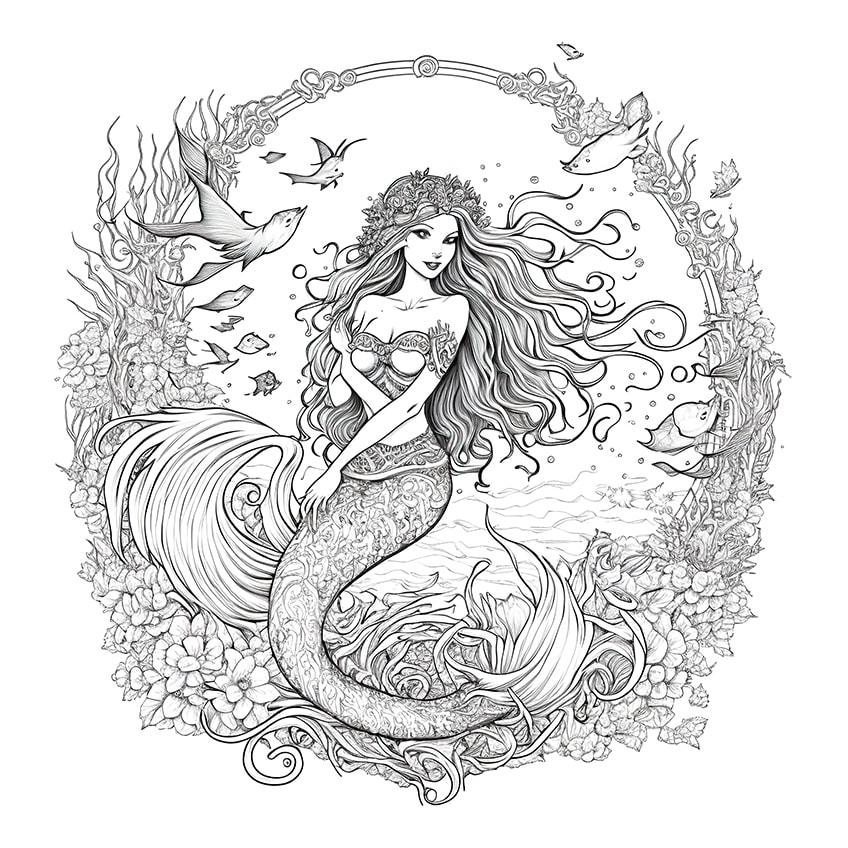 Printable Young Mermaid Coloring Page for kids.