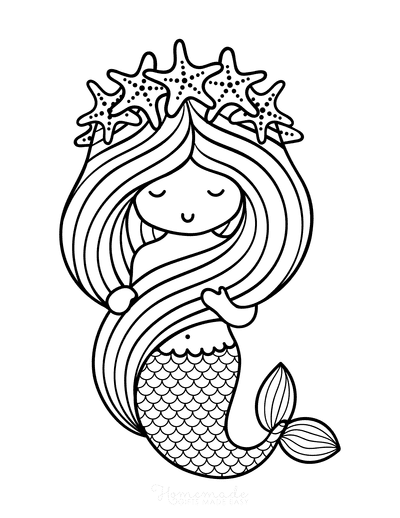 Printable Baby Mermaid outline BW Coloring Page for kids.