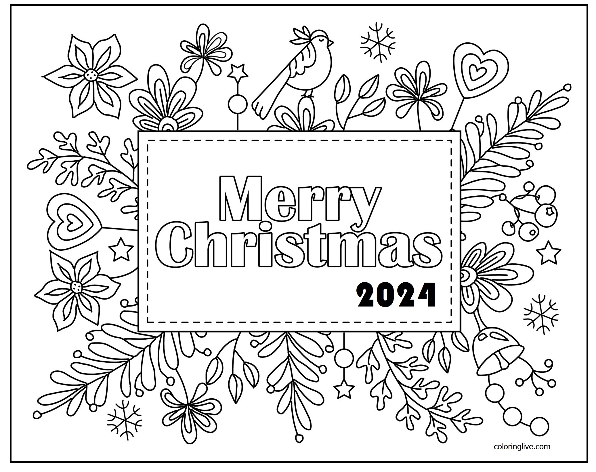 Printable Merry Christmas Holiday Greeting Coloring Page for kids.