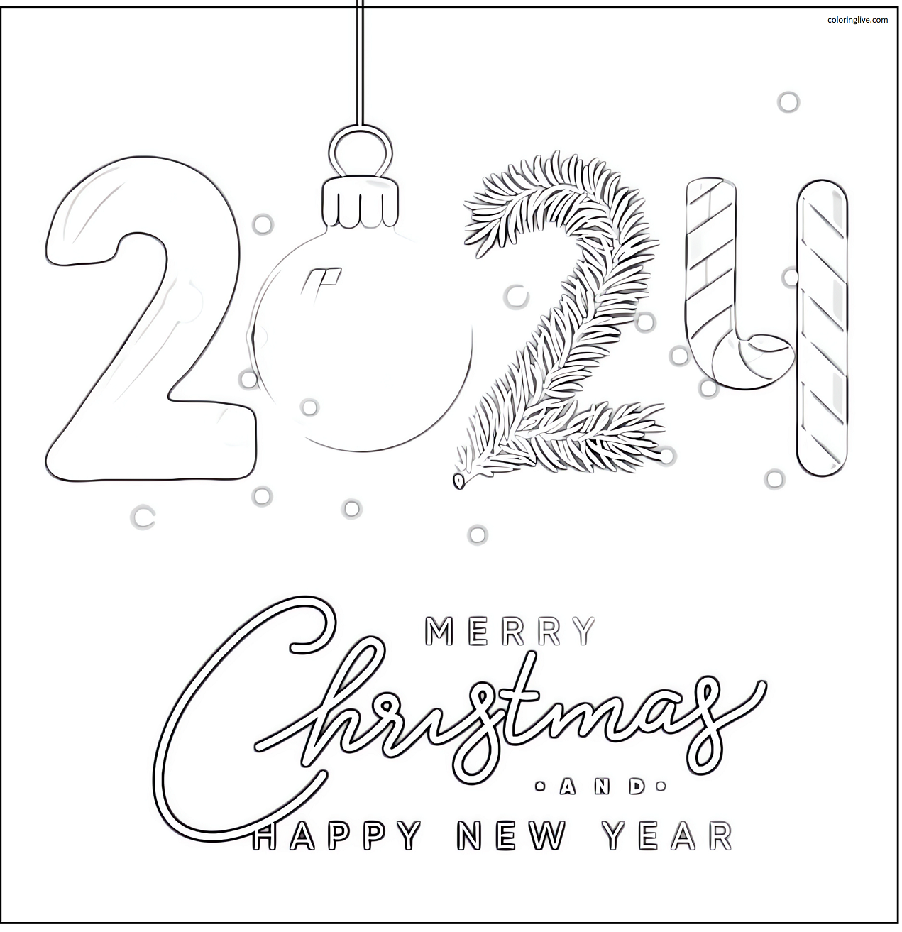 Printable 2024 Merry Christmas and Happy New Year  Sheet Coloring Page for kids.