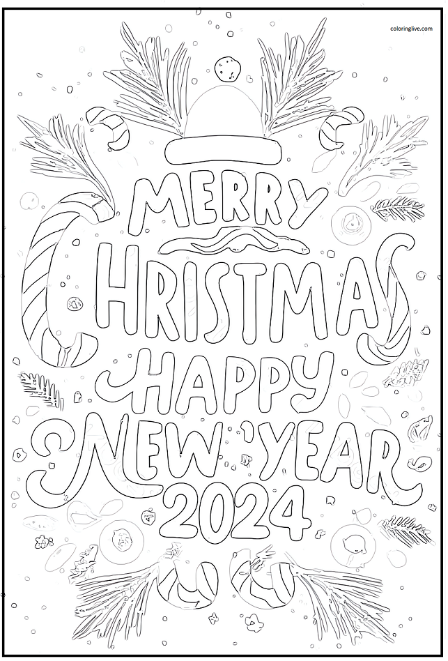 Printable Merry Christmas and Happy New Year 2024 Coloring Page for kids.