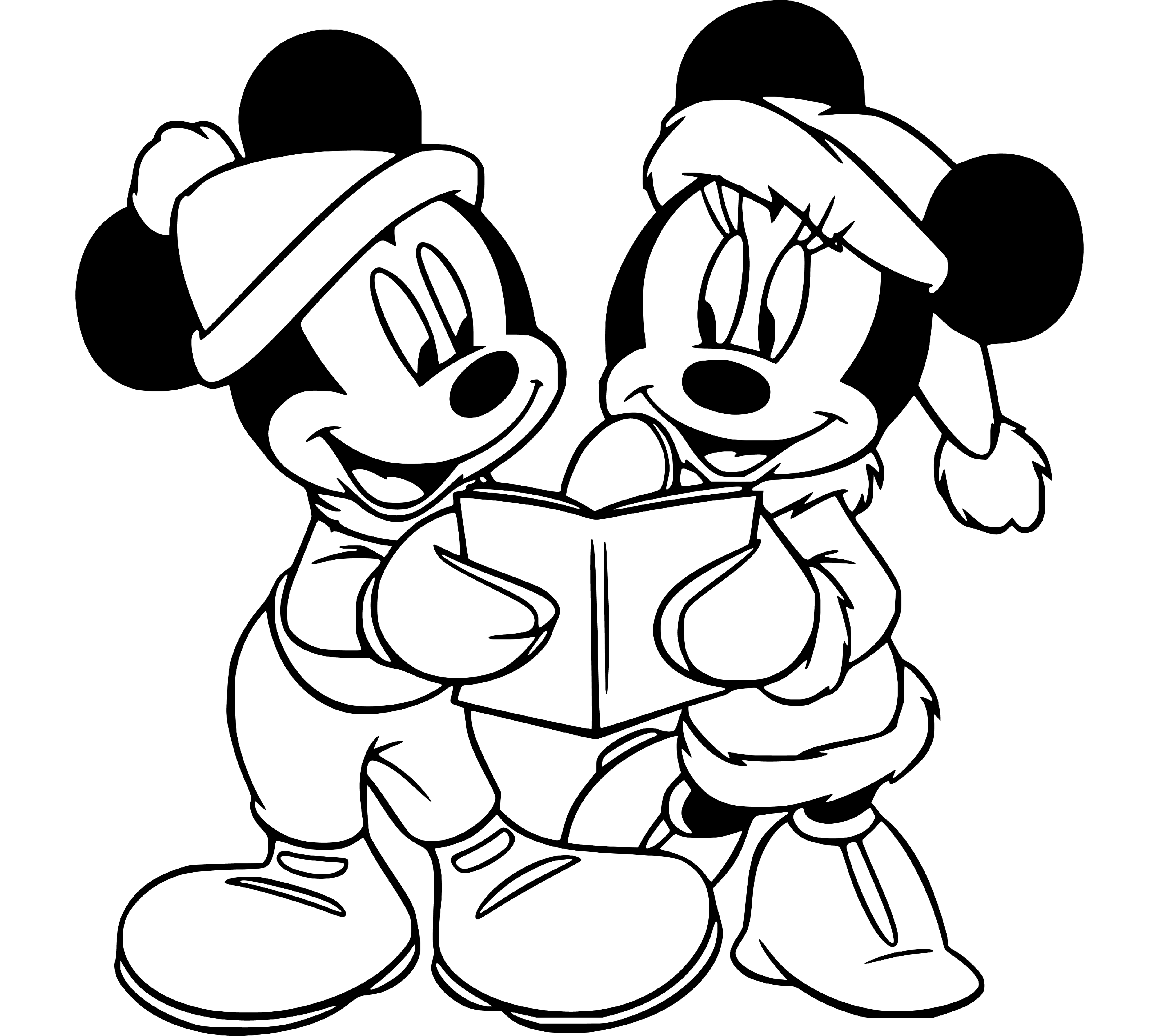 Printable Mickey and Minnie reading bible Coloring Page for kids.