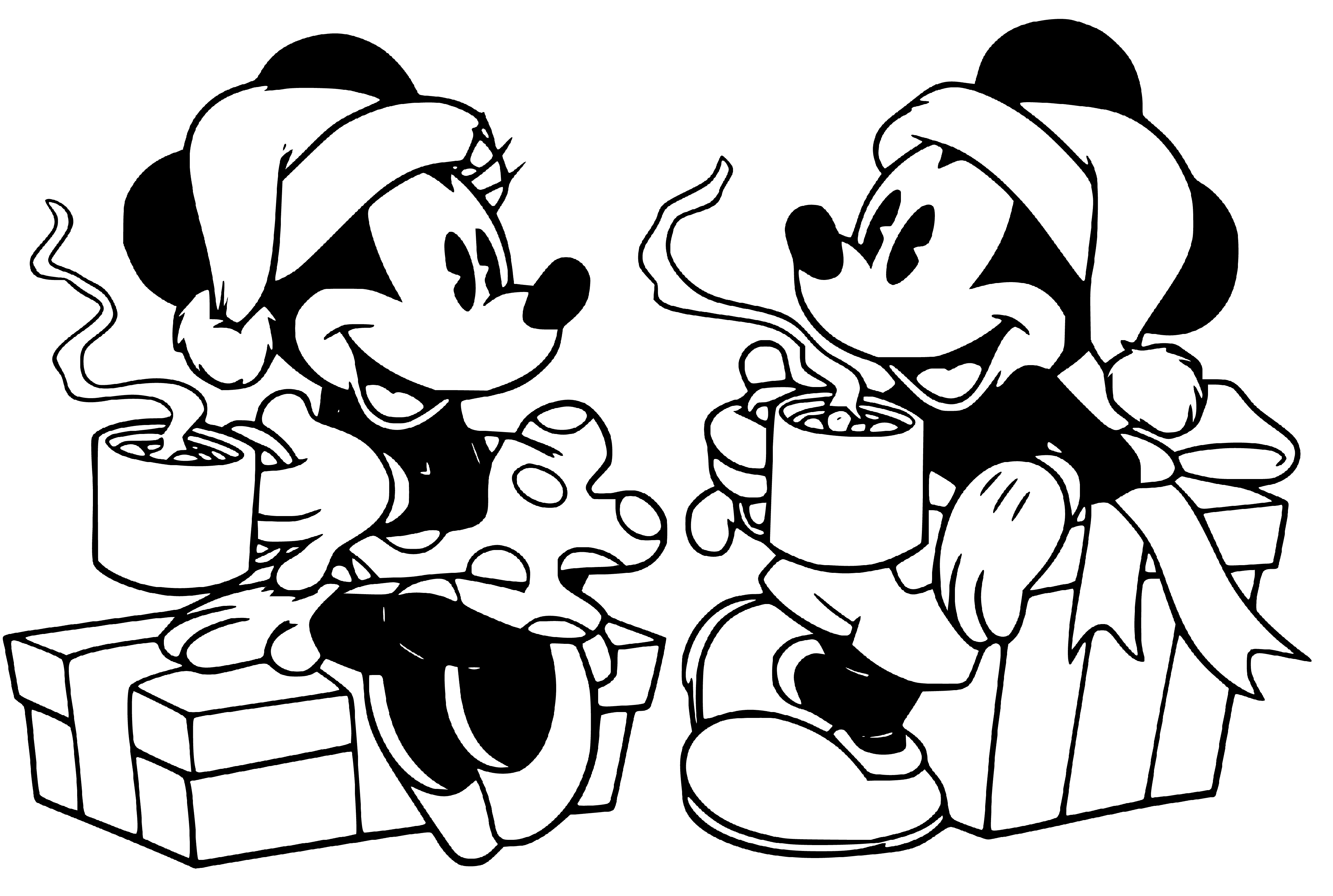 Printable Mickey and Minnie drinking cofee Coloring Page for kids.