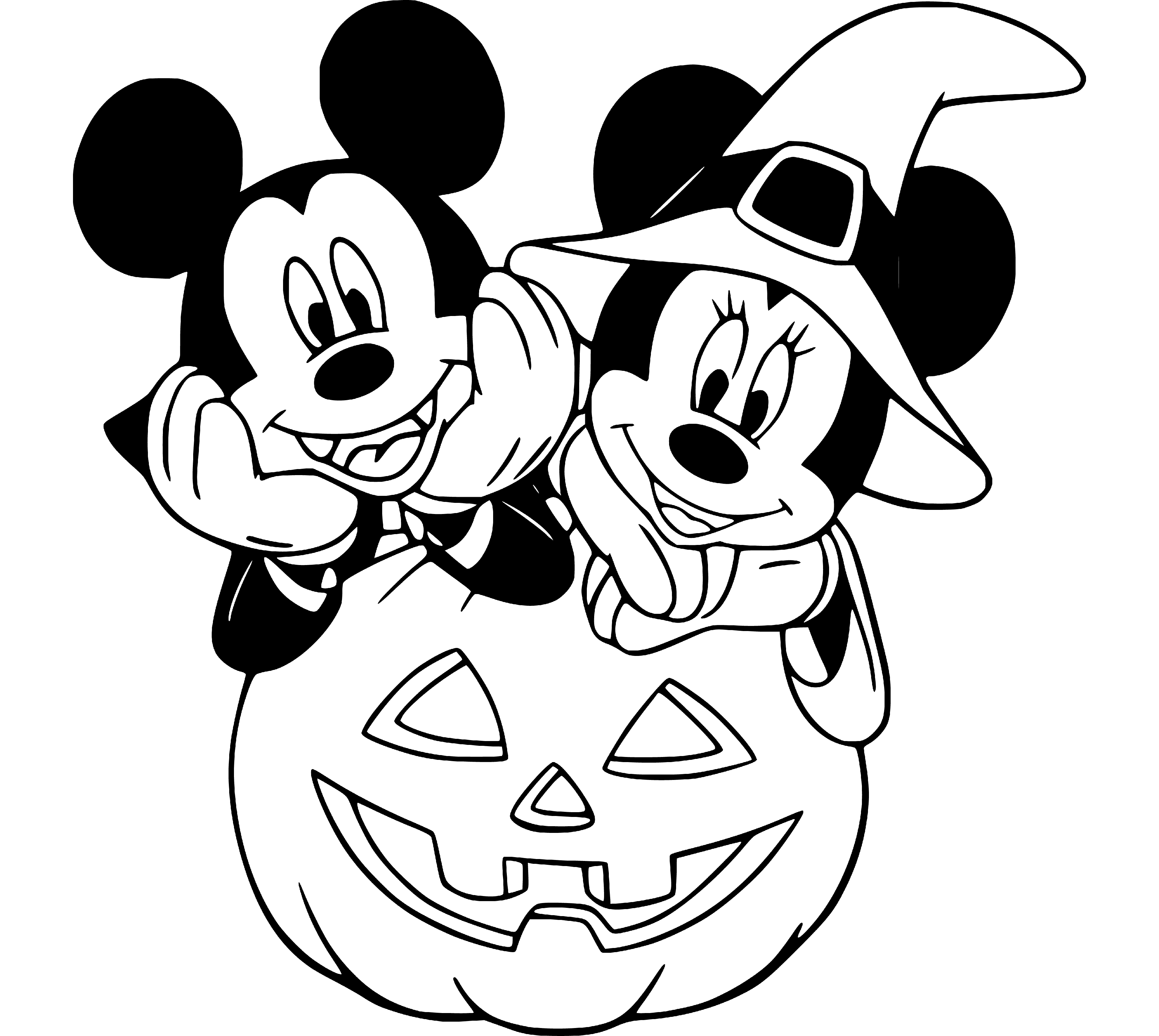Printable Halloween Theme, Minnie Mouse and Mickey Mouse Coloring Page for kids.