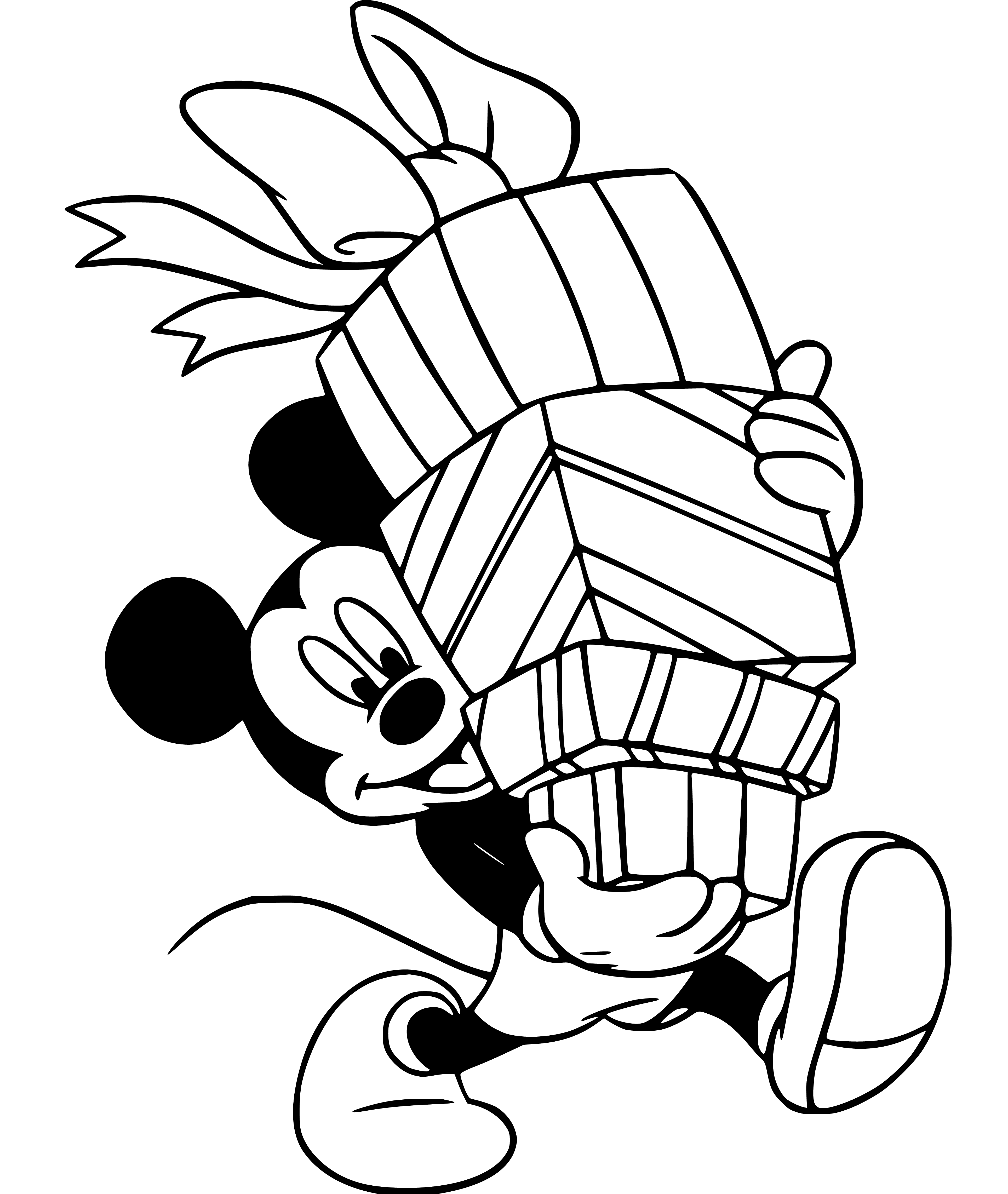 Printable Mickey Mouse carrying presents Coloring Page for kids.