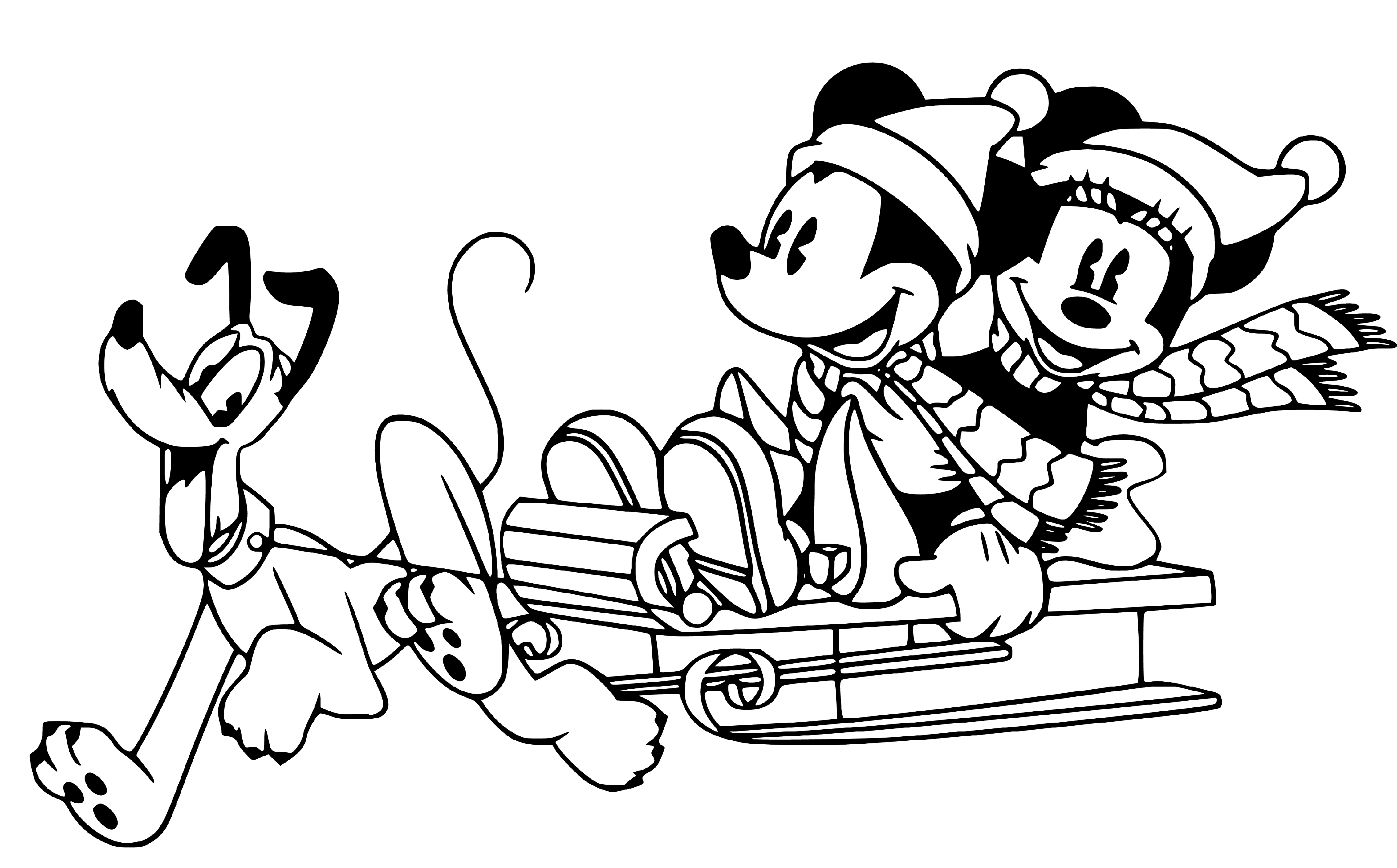 Printable Mickey Minnie and Pluto Christmas Coloring Page for kids.