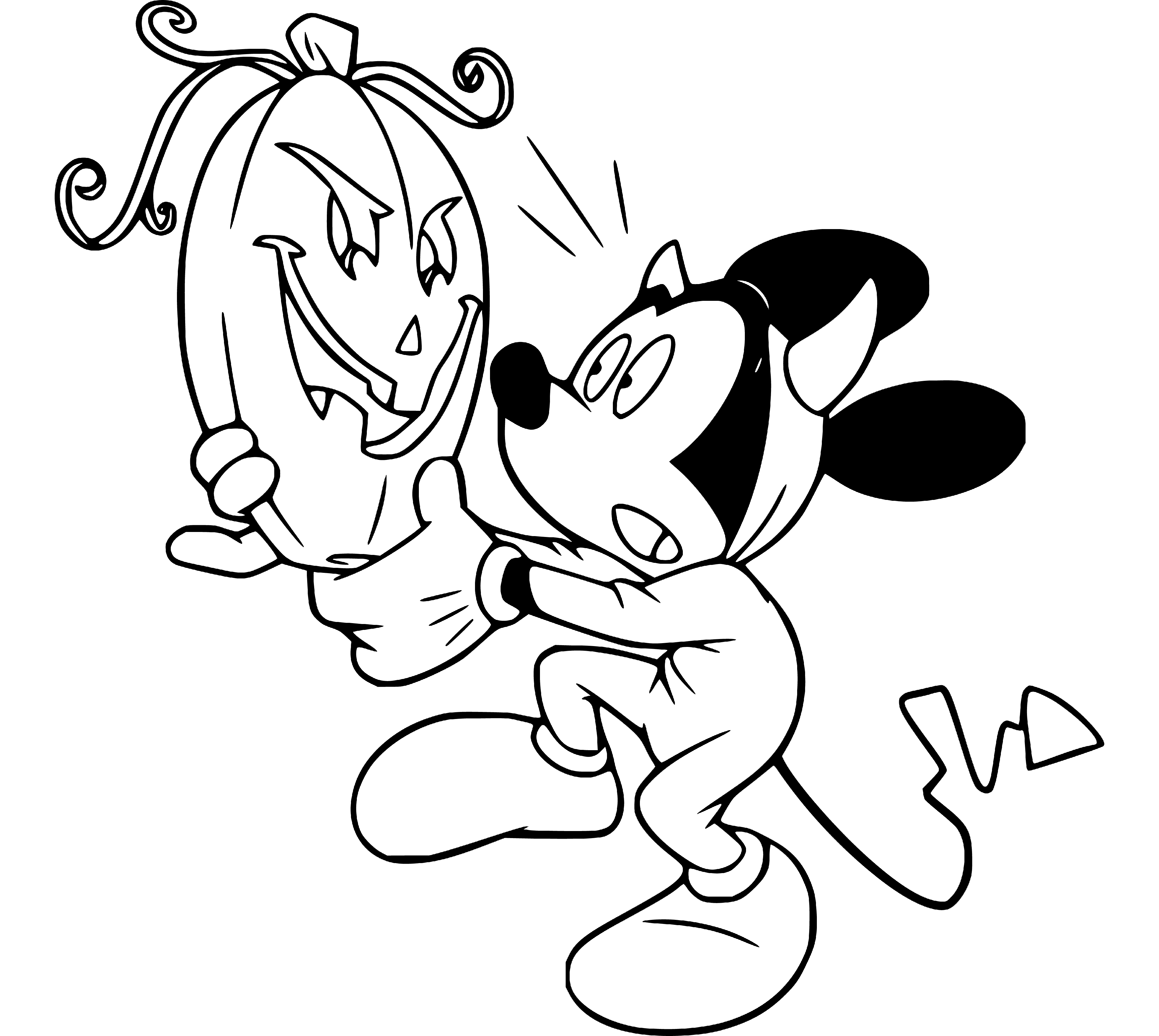 Printable Mickey Mouse afraid of Halloween Coloring Page for kids.