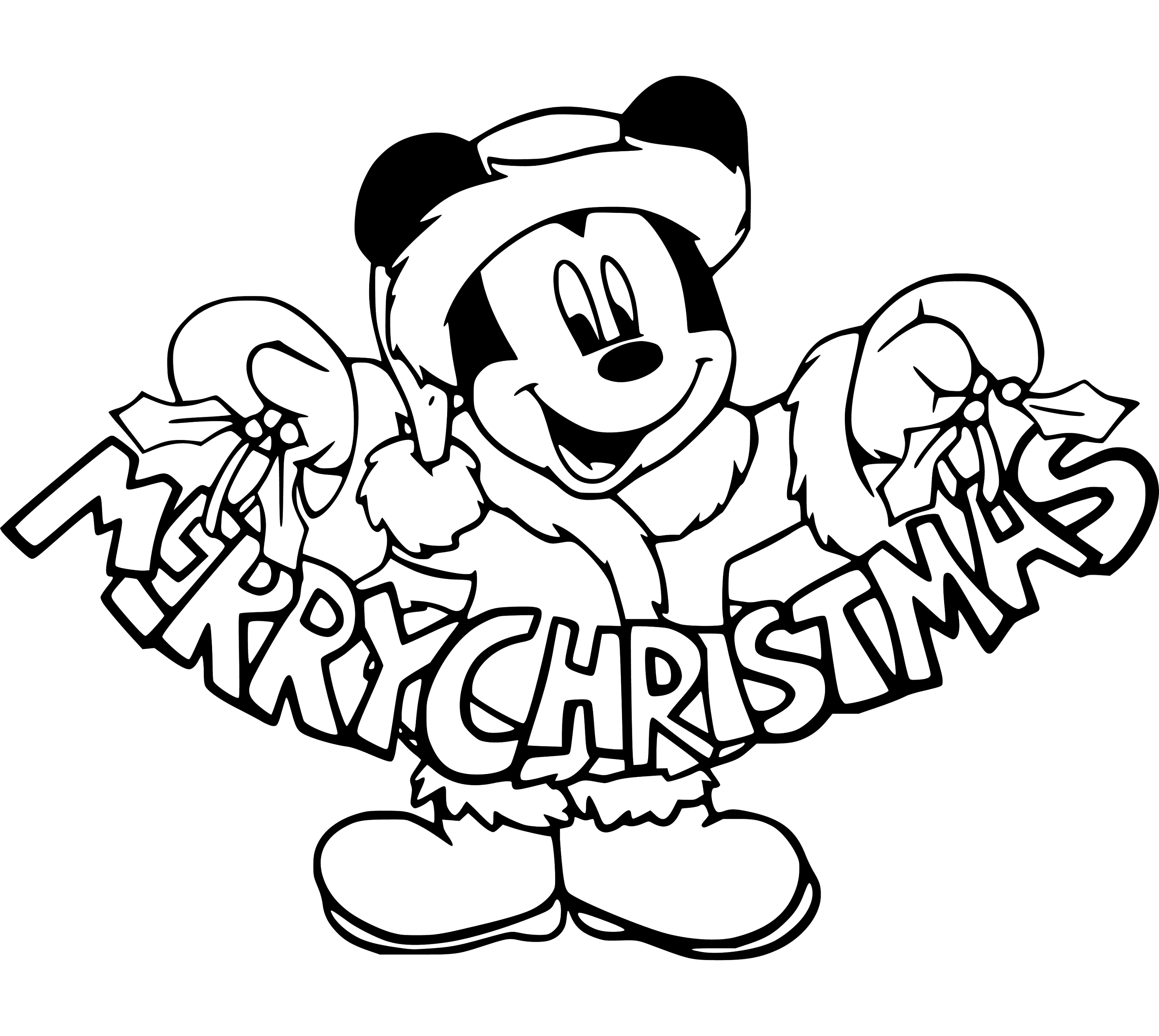 Printable Mickey Mouse Merry Christmas Coloring Page for kids.