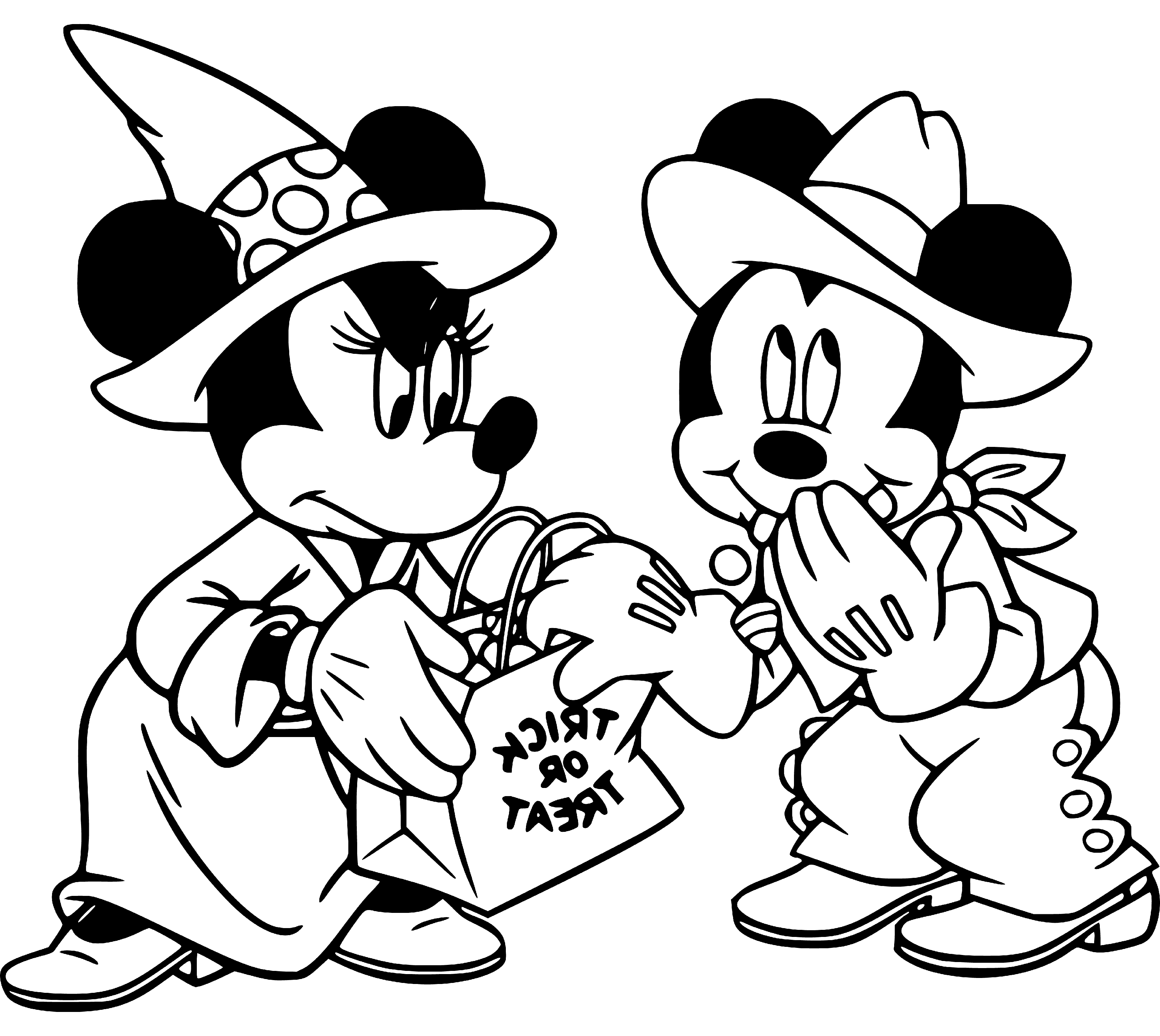 Printable Minnie Mouse and Mickey Mouse Halloween Coloring Page for kids.