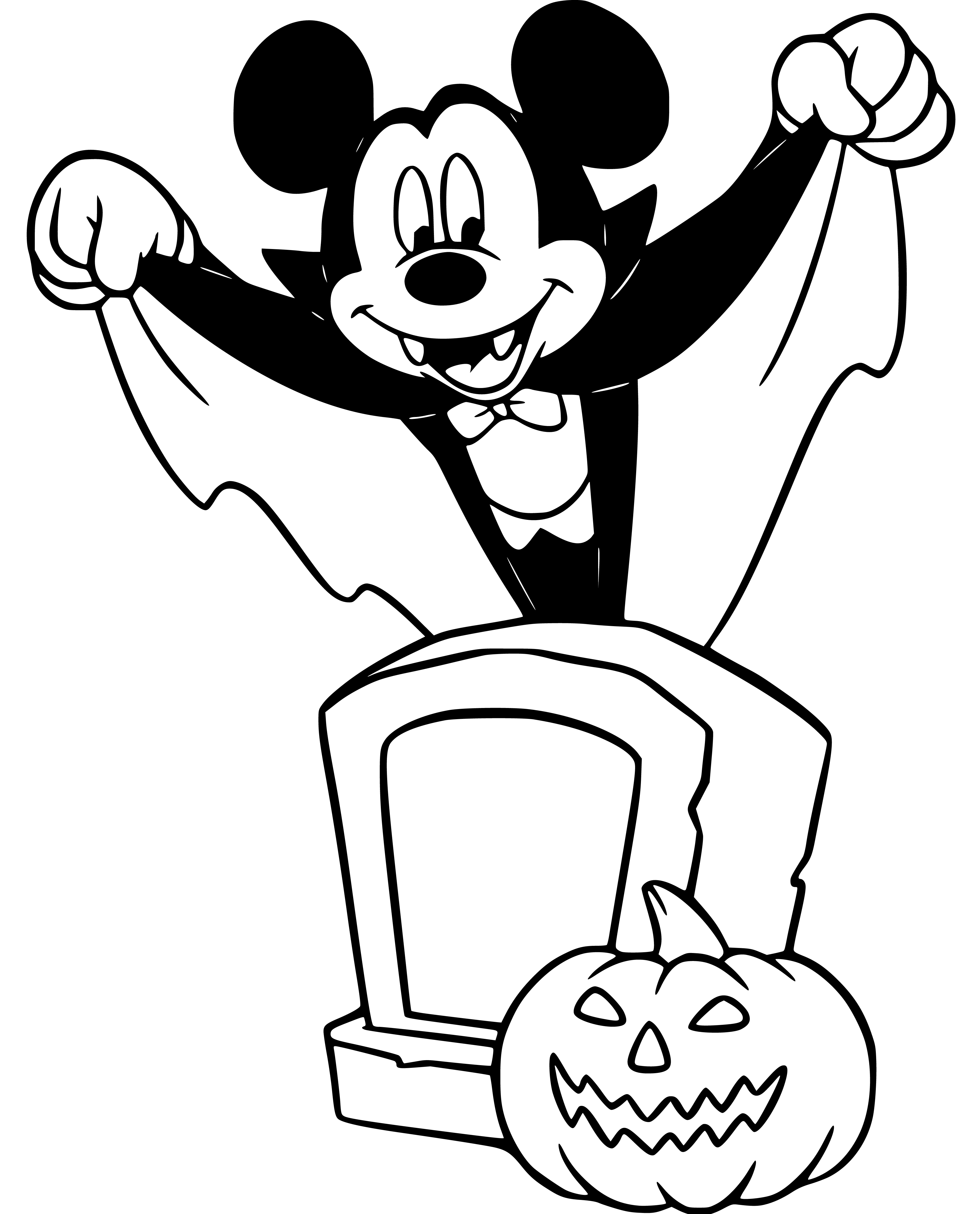 Printable Mickey Mouse as Vampire Coloring Page for kids.