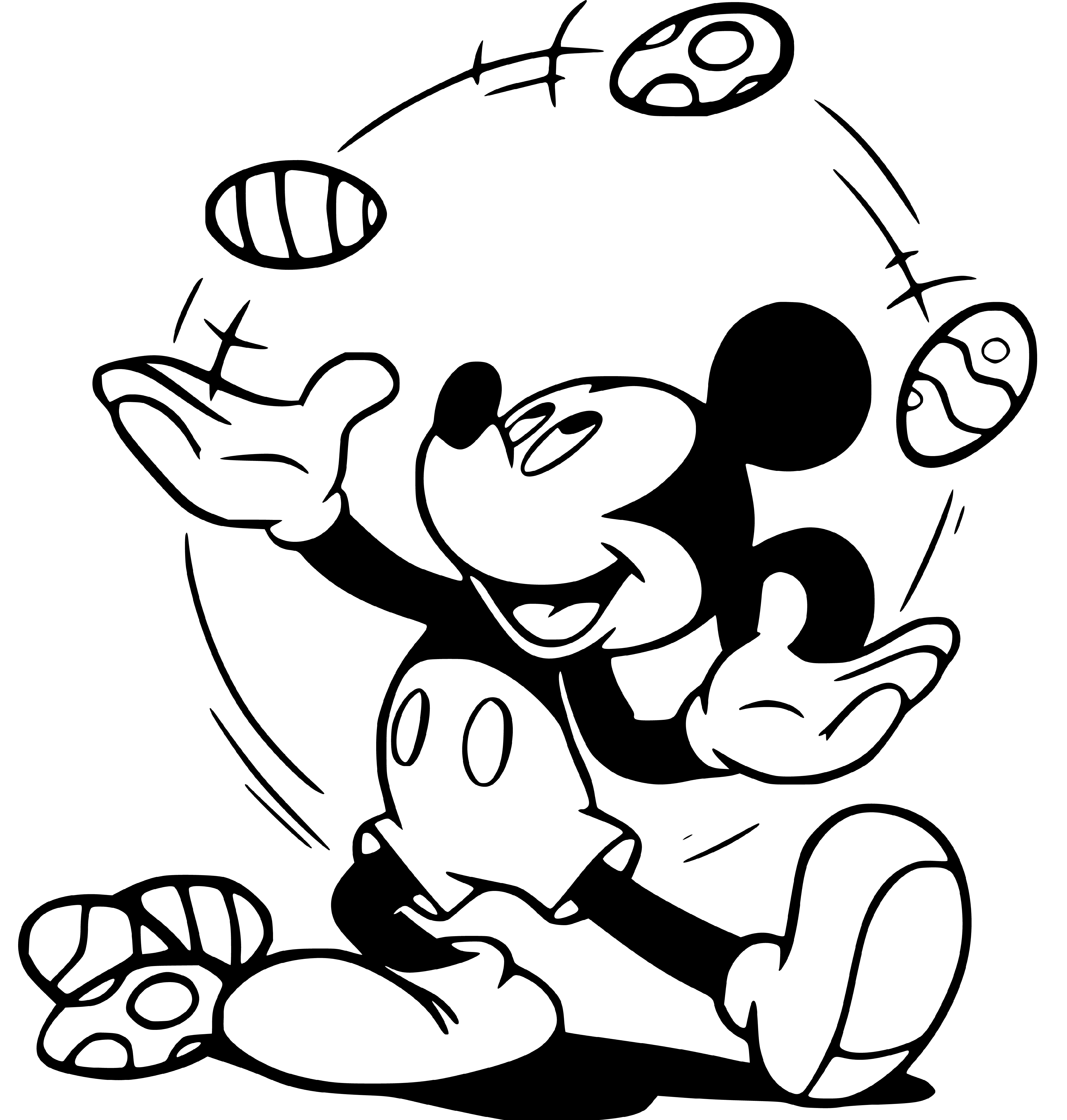 Printable Mickey Mouse Juggling Easter Eggs Coloring Page for kids.