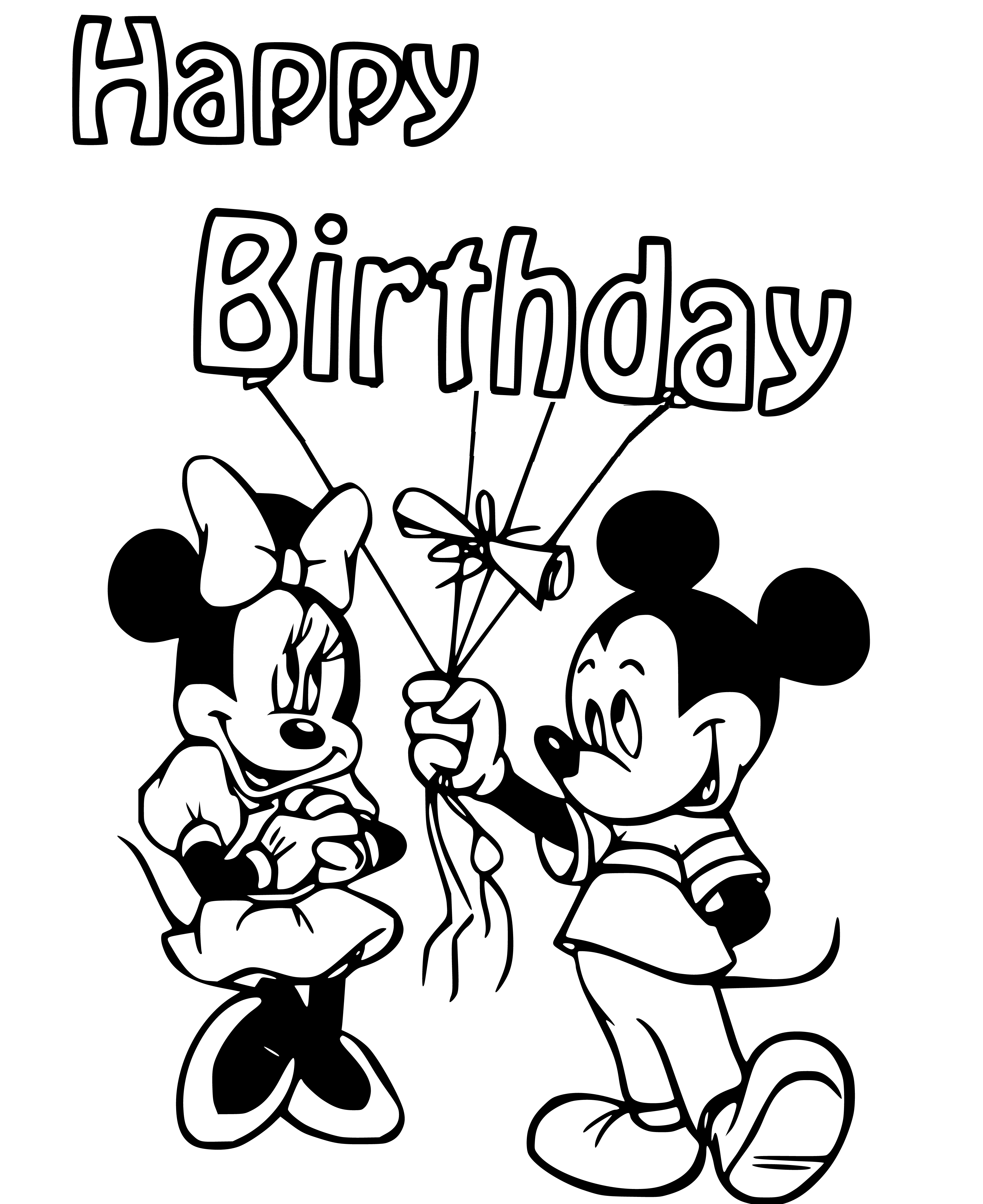 Printable Mickey celebrates Minnie's Birthday Coloring Page for kids.