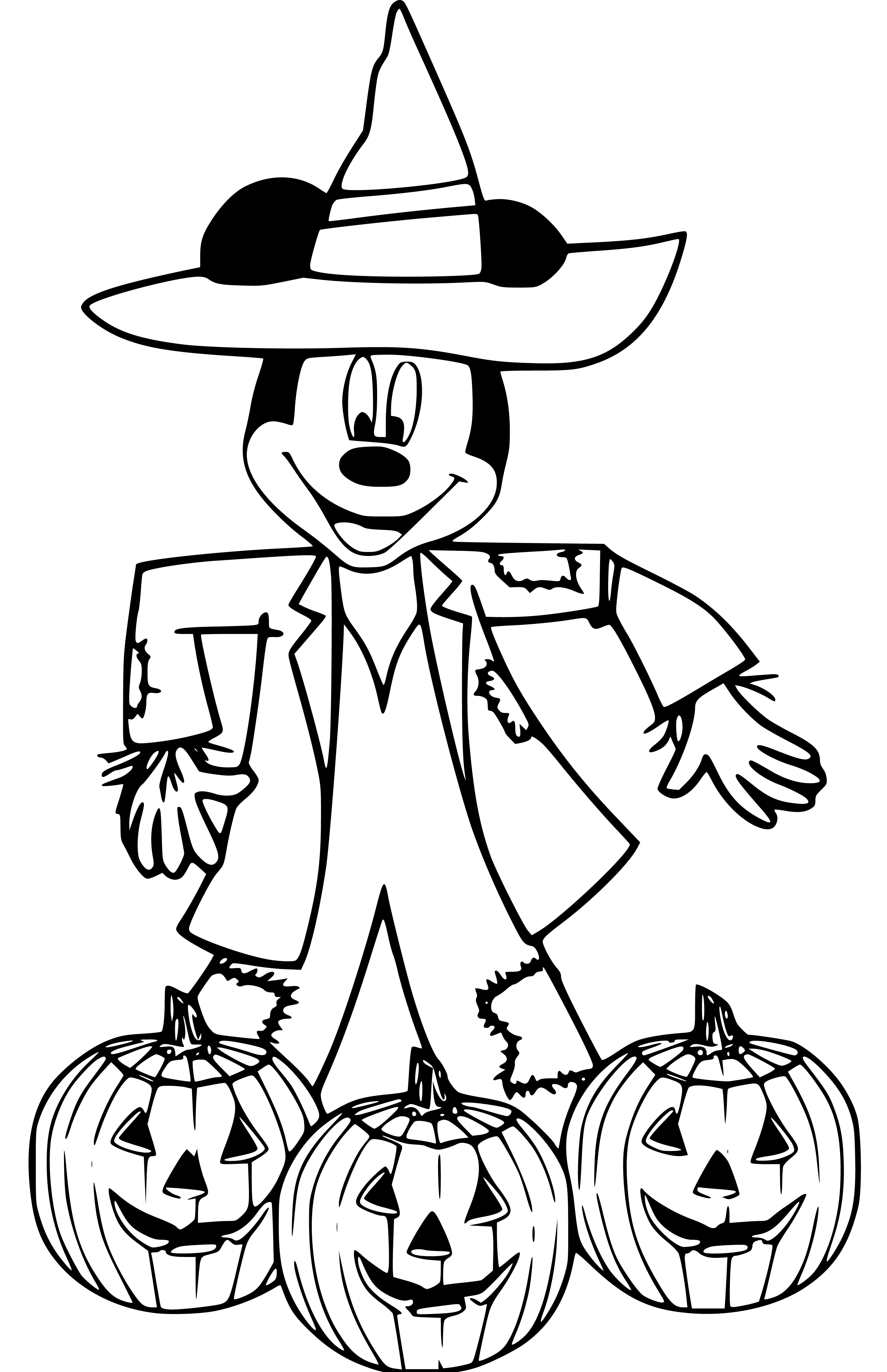 Printable Mickey and Pumpkins of Halloween Coloring Page for kids.