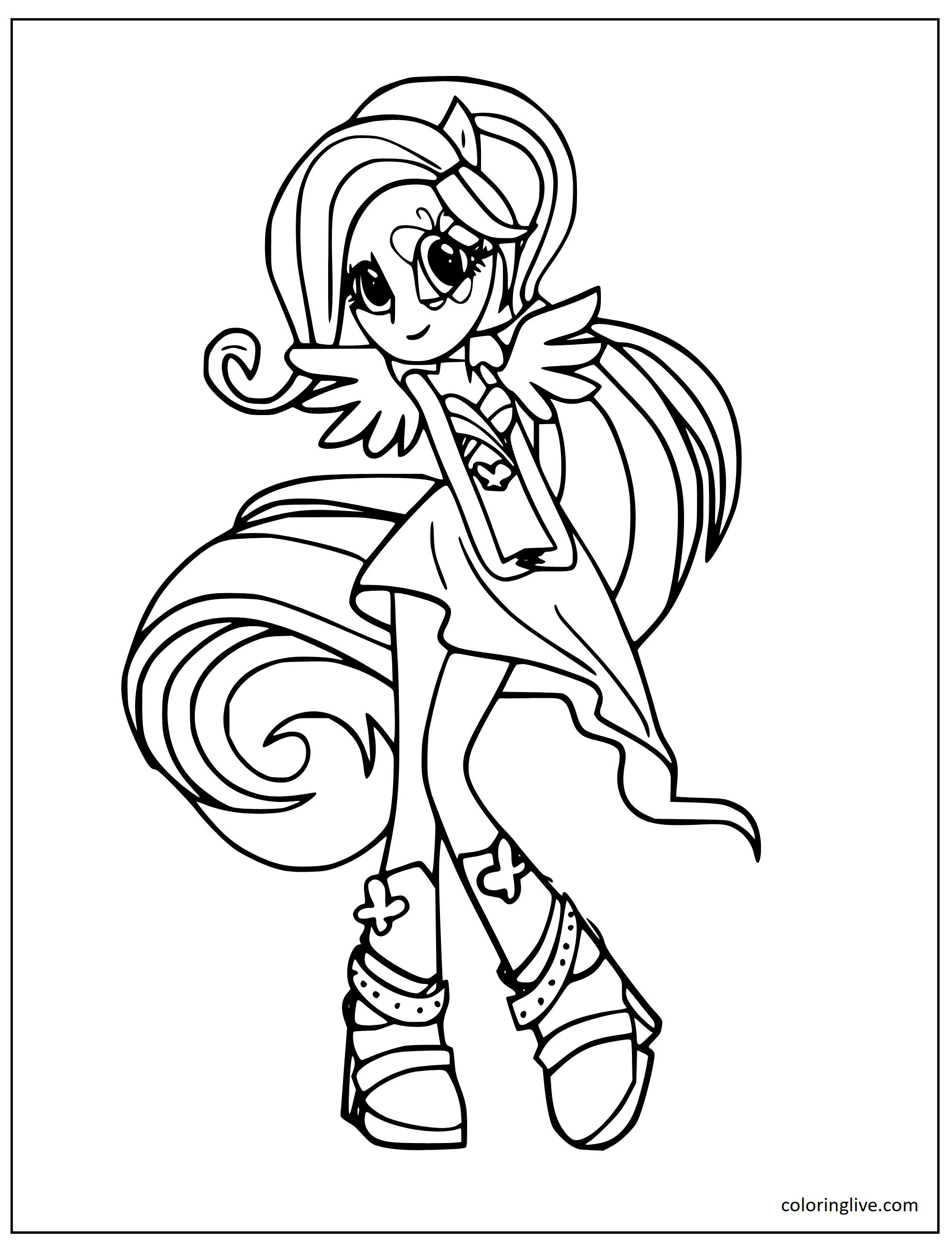 Printable dancing Fluttershy Coloring Page for kids.