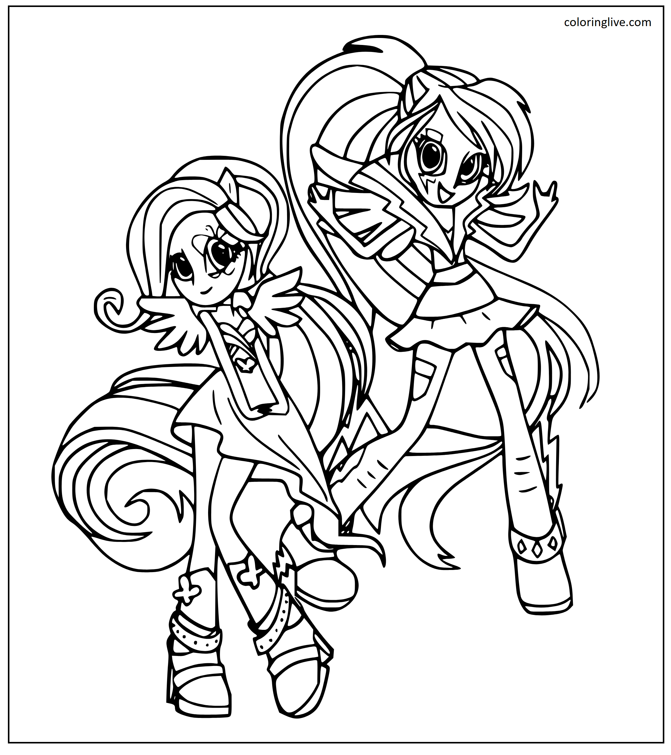 Printable Fluttershy and Rainbow Dash together Coloring Page for kids.