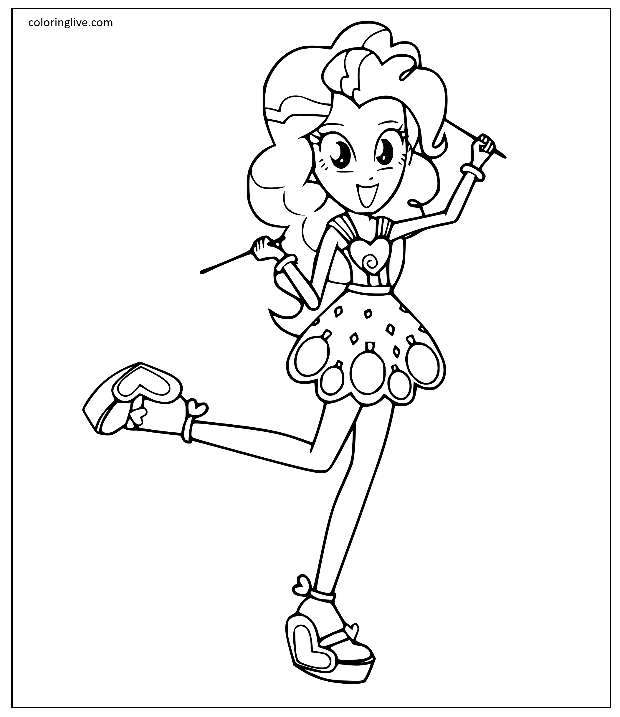 Printable Pinkie Pie holding drumsticks Coloring Page for kids.