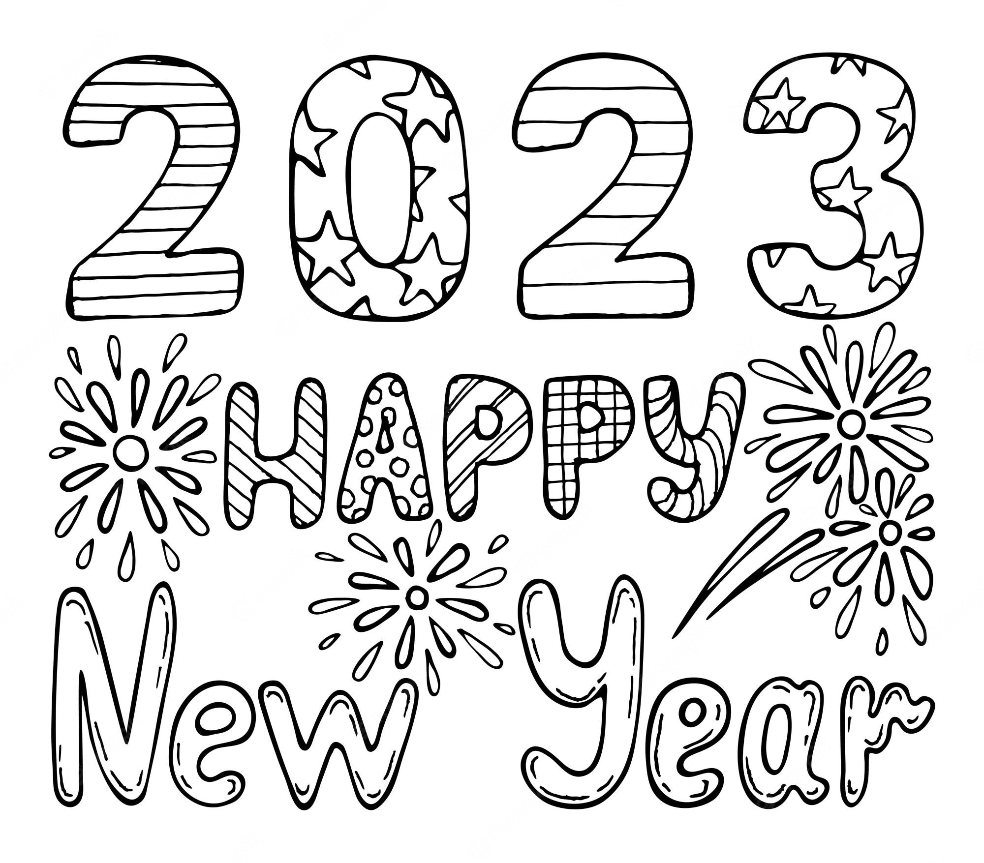 Premium Vector | Coloring book happy new year 2023 hand drawn line ...