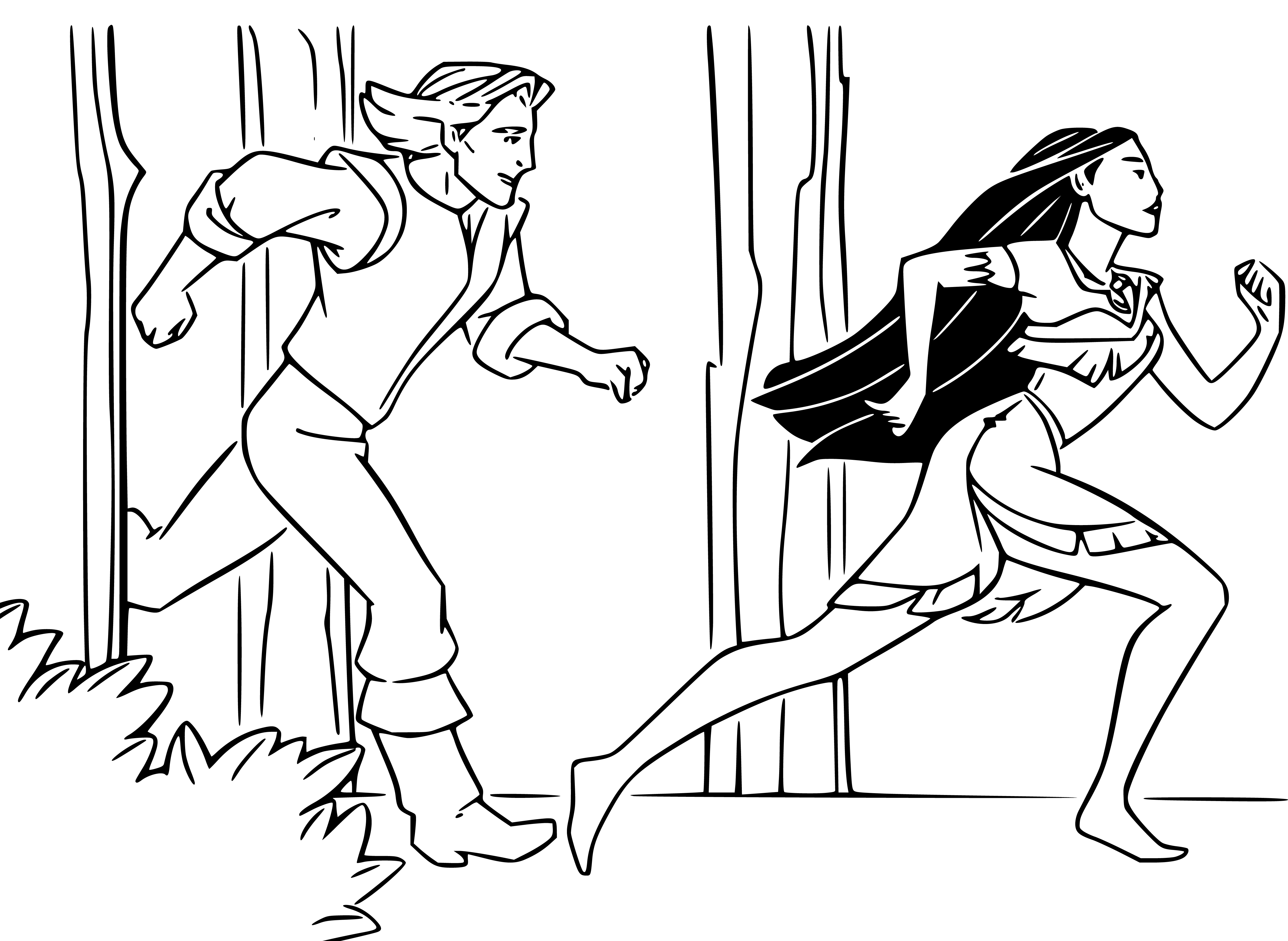 Printable Pocahontas and John running Coloring Page for kids.
