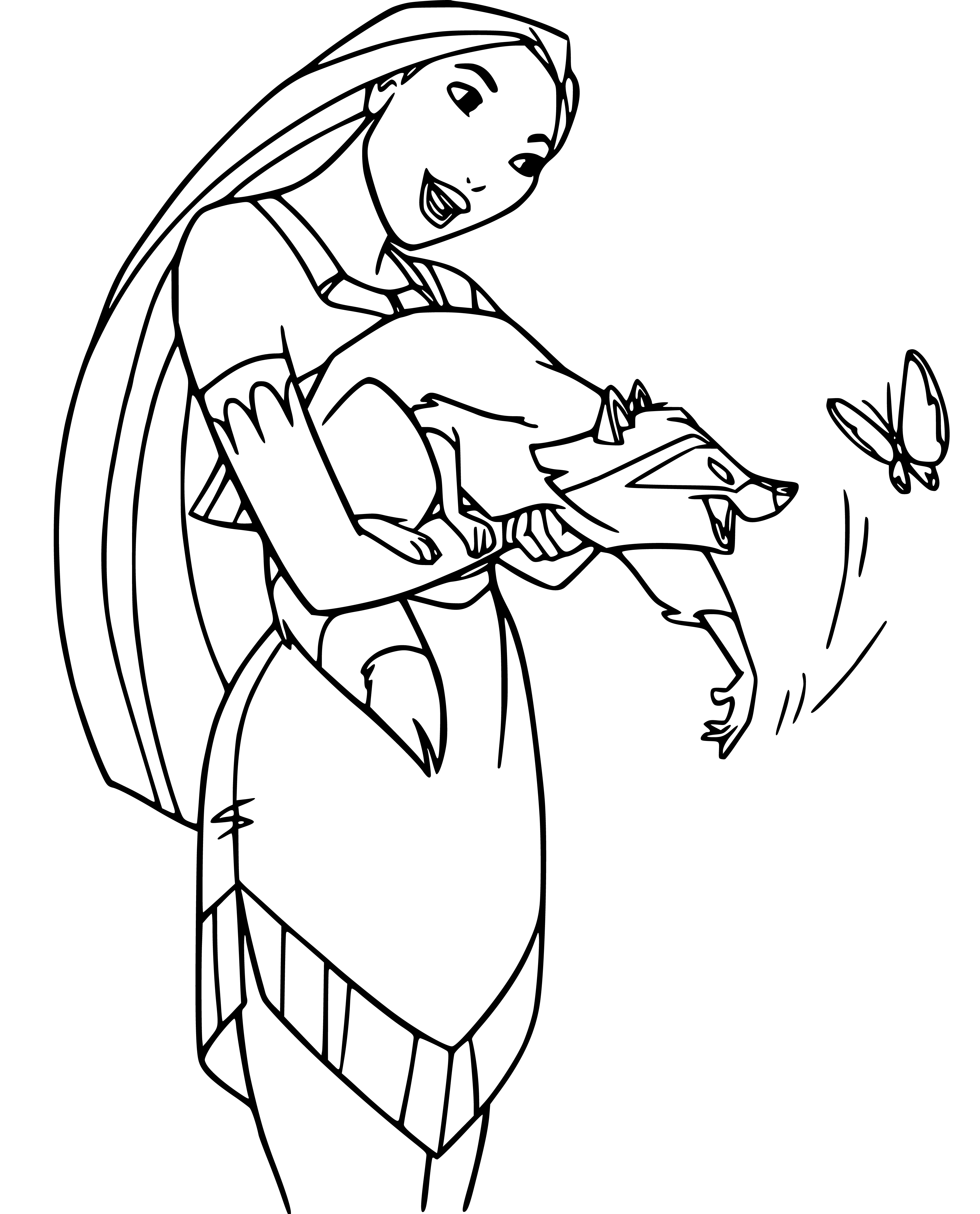 Printable Pocahontas with Meeko Coloring Page for kids.