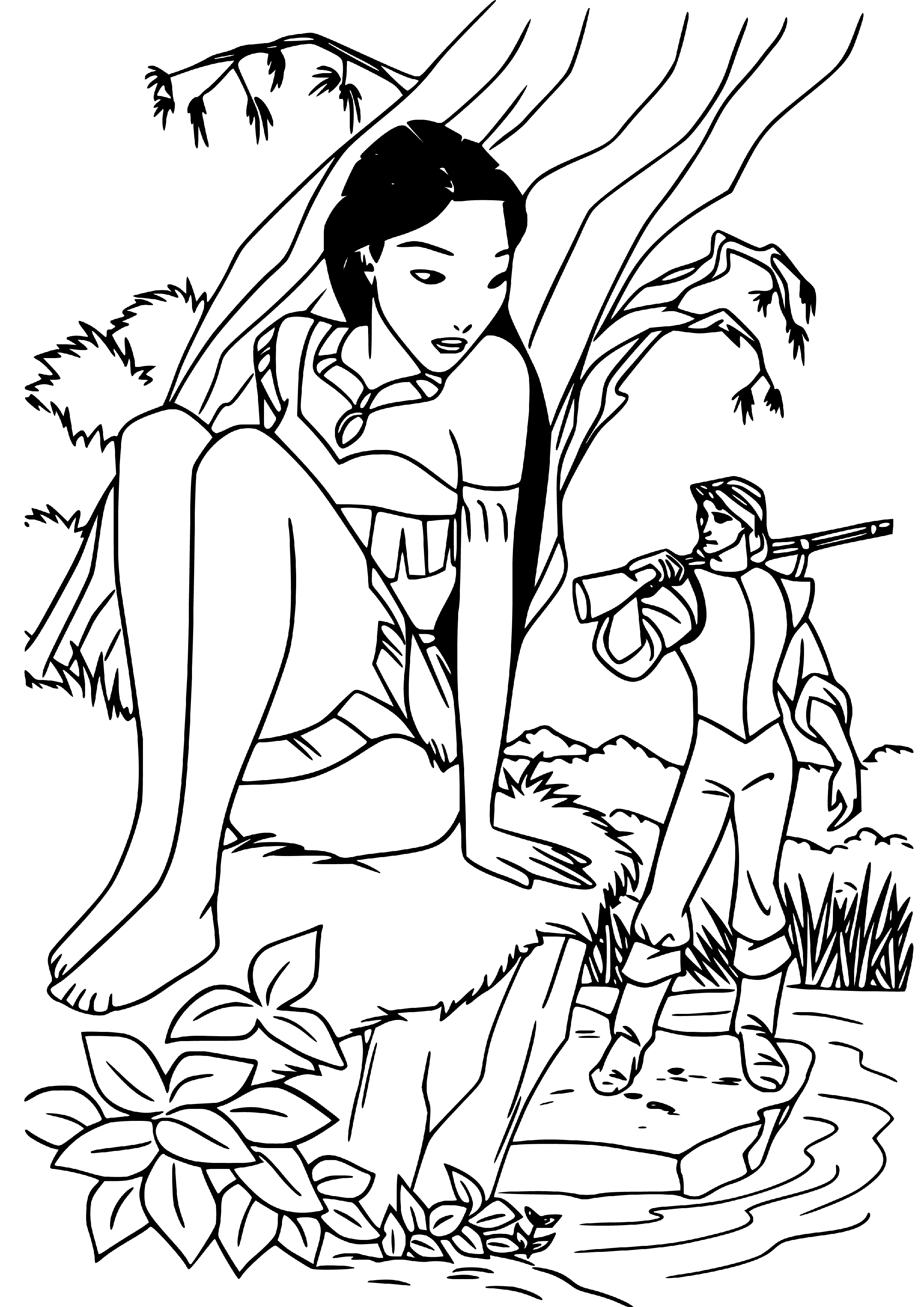 Printable John searcing Pocahontas Coloring Page for kids.