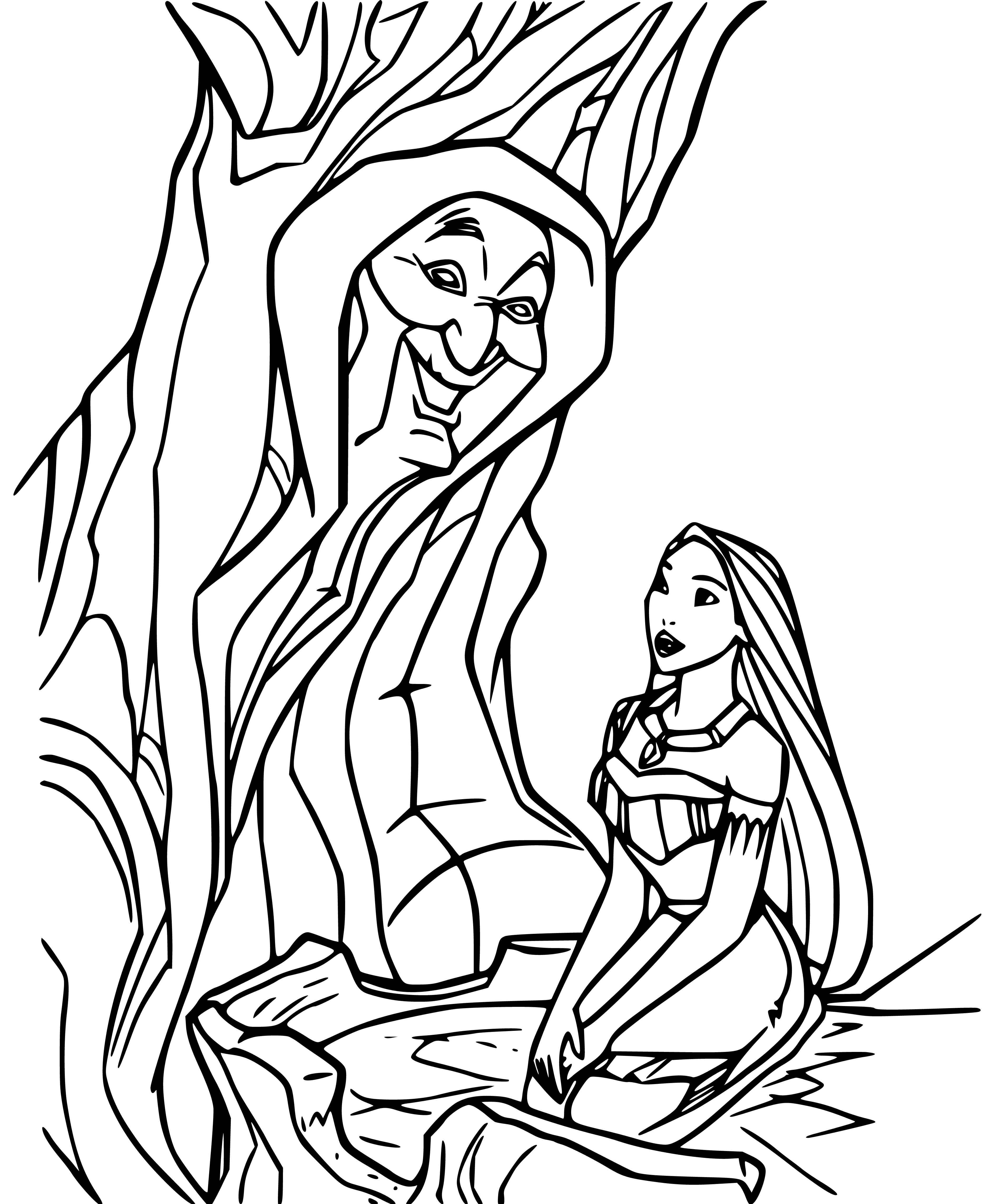 Printable Grandmother Willow speaks to Pocahontas Coloring Page for kids.