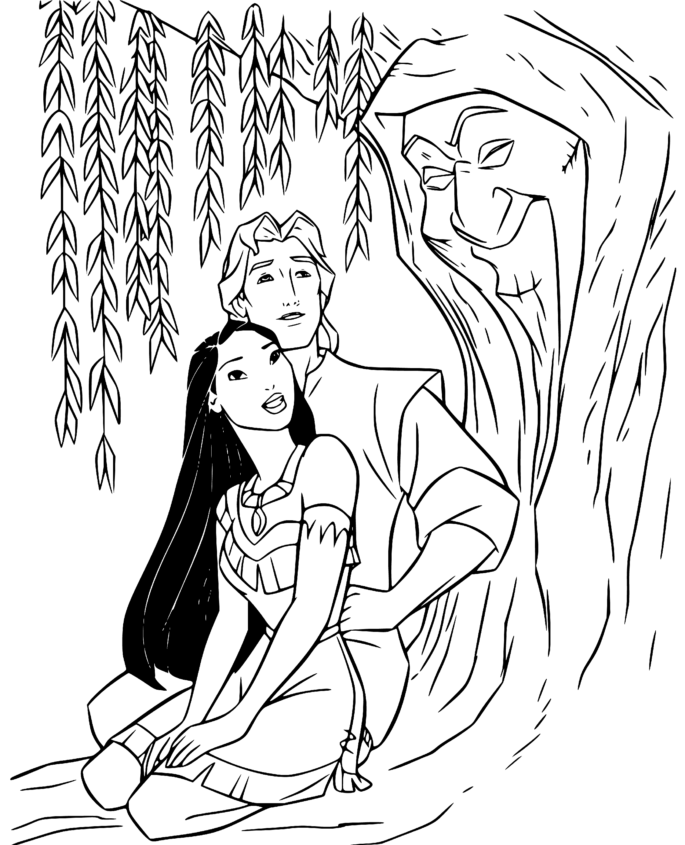 Printable Grandmother Willow, Pocahontas and John Smith Coloring Page for kids.