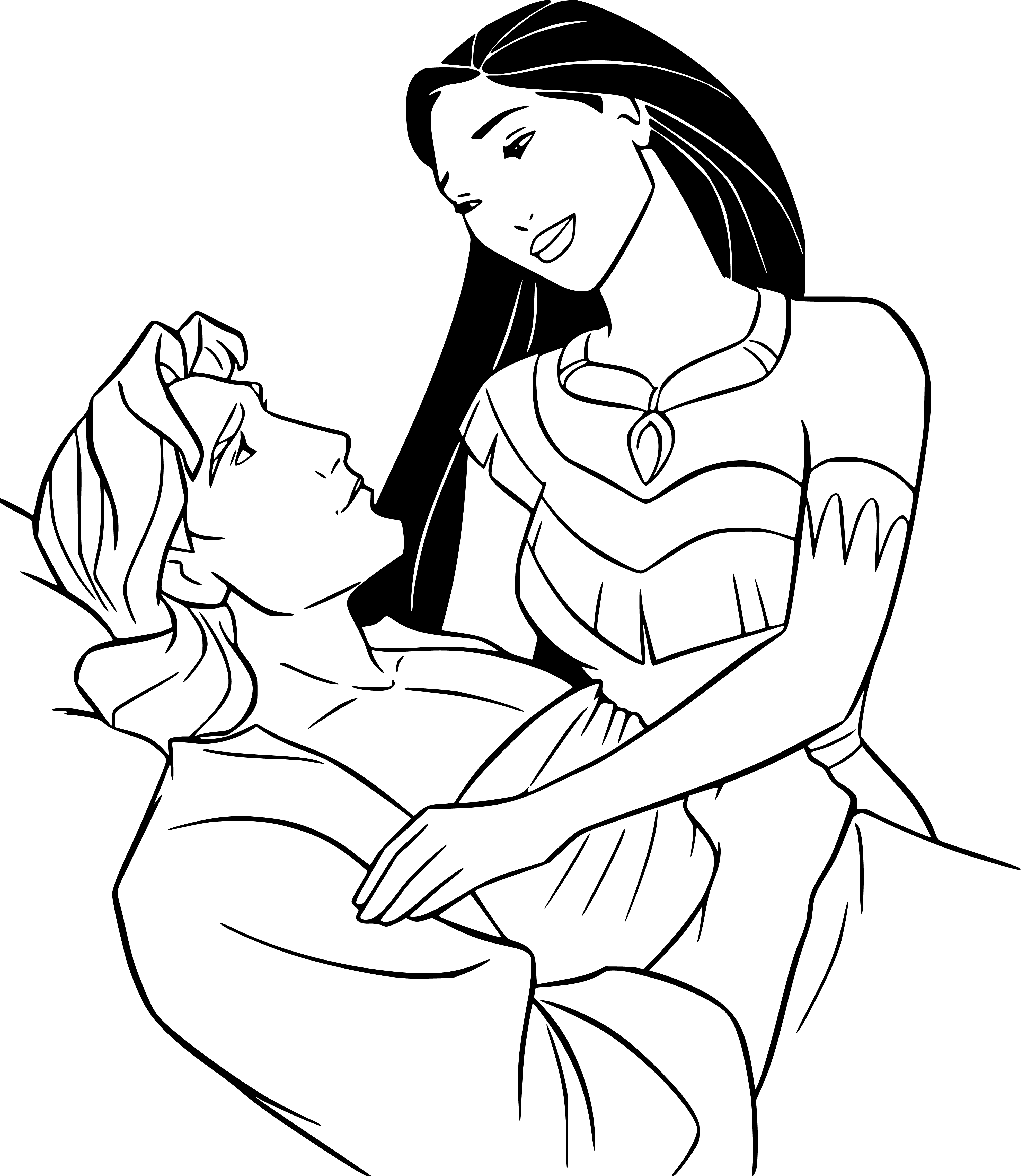 Printable John and Pocahontas Love Coloring Page for kids.
