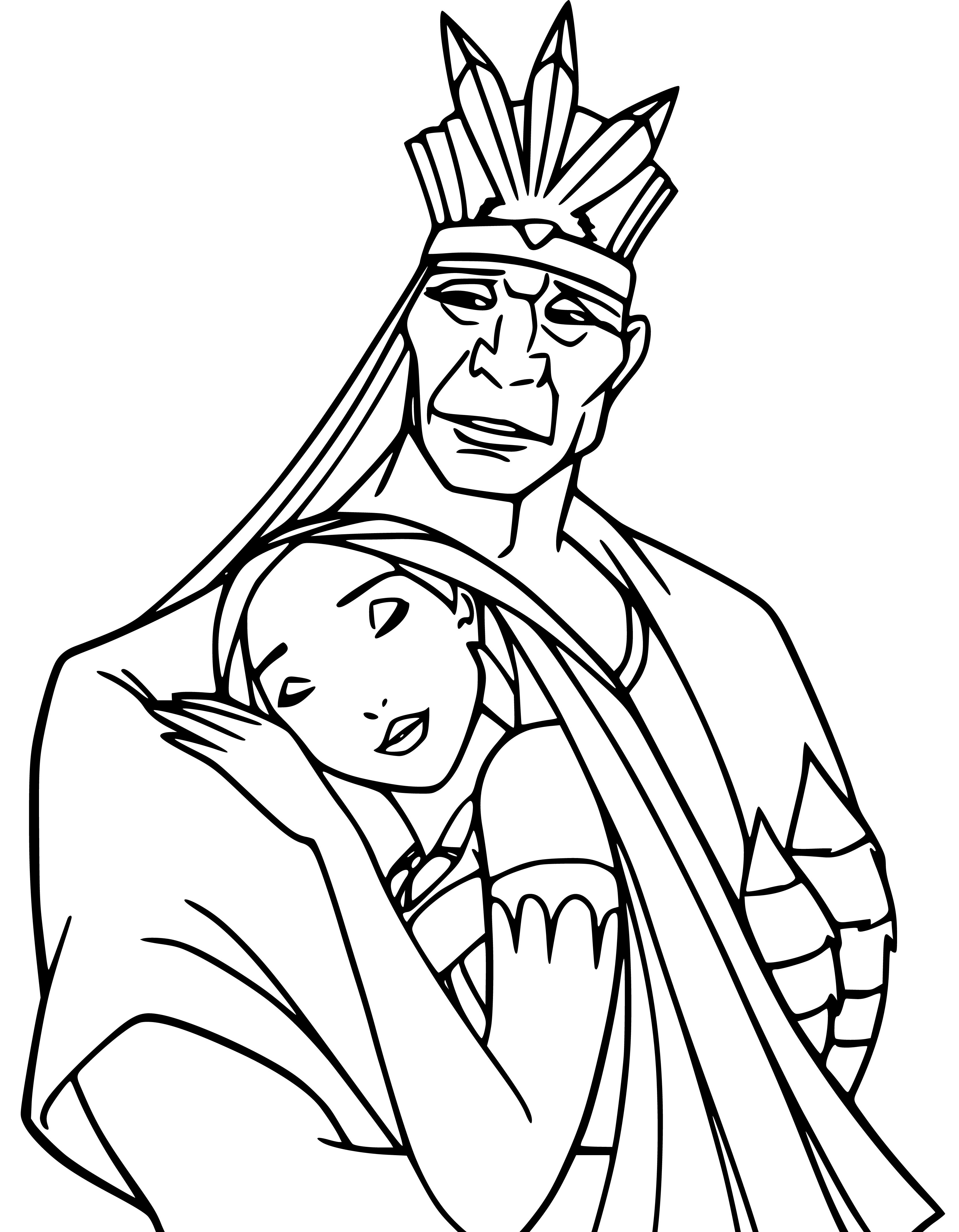 Printable Chief Powhatan and Pocahontas Coloring Page for kids.