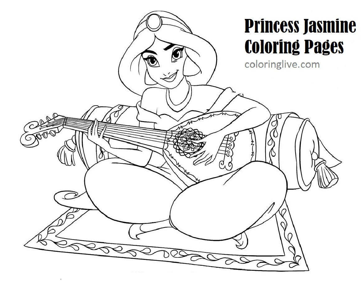 Printable Jasmine playing instrument Coloring Page for kids.