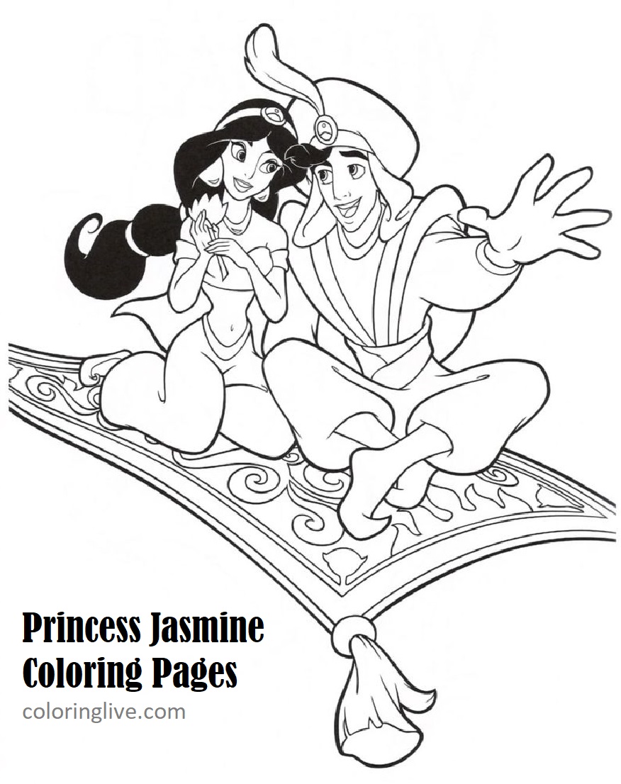 Printable Princess Jasmine and Aladdin on Carpet Flying Coloring Page for kids.