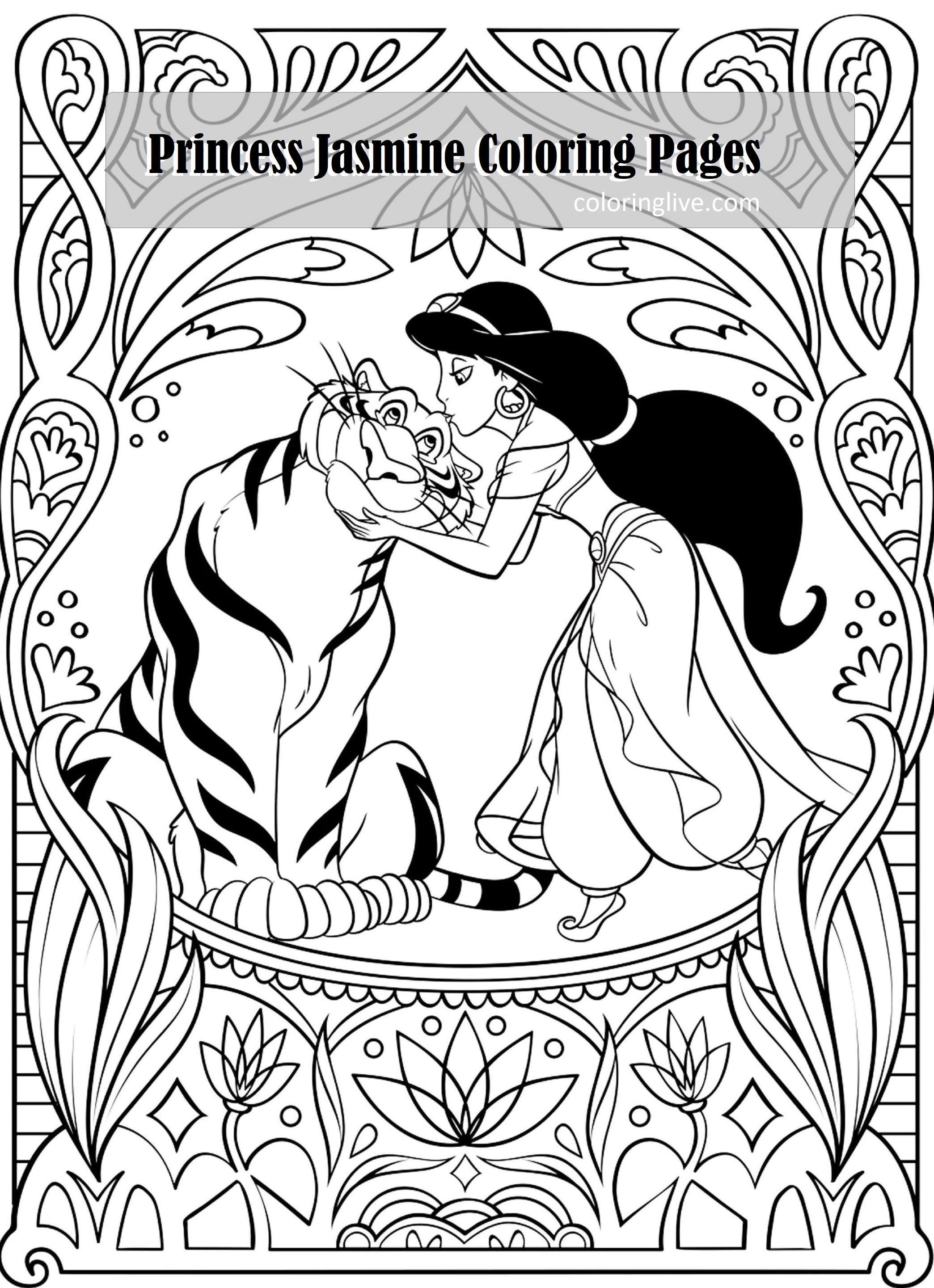 Printable Princess Jasmine and Tiger (Rajah) Cover Coloring Page for kids.