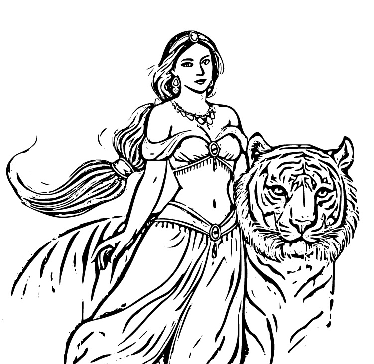 Printable Real Princess Jasmine and her tiger! (from Movie) Coloring Page for kids.