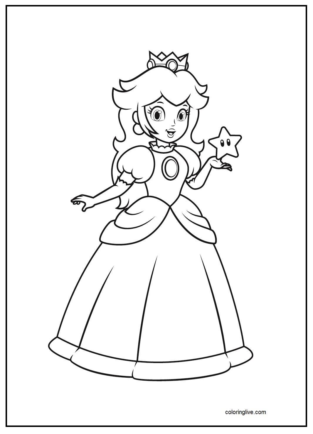 Printable Princess Peach holding a star Coloring Page for kids.