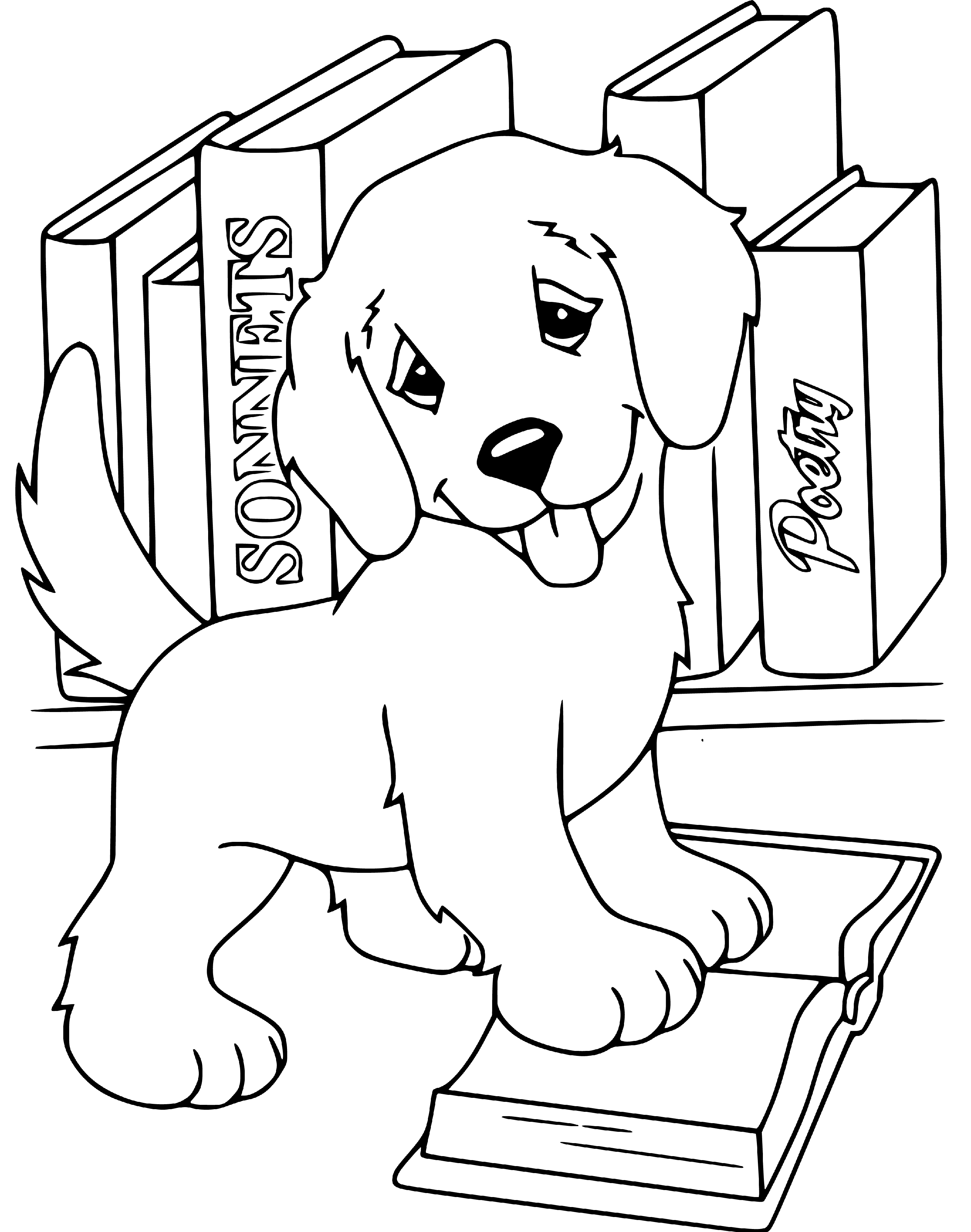 Printable Puppy with Books Coloring Page for kids.