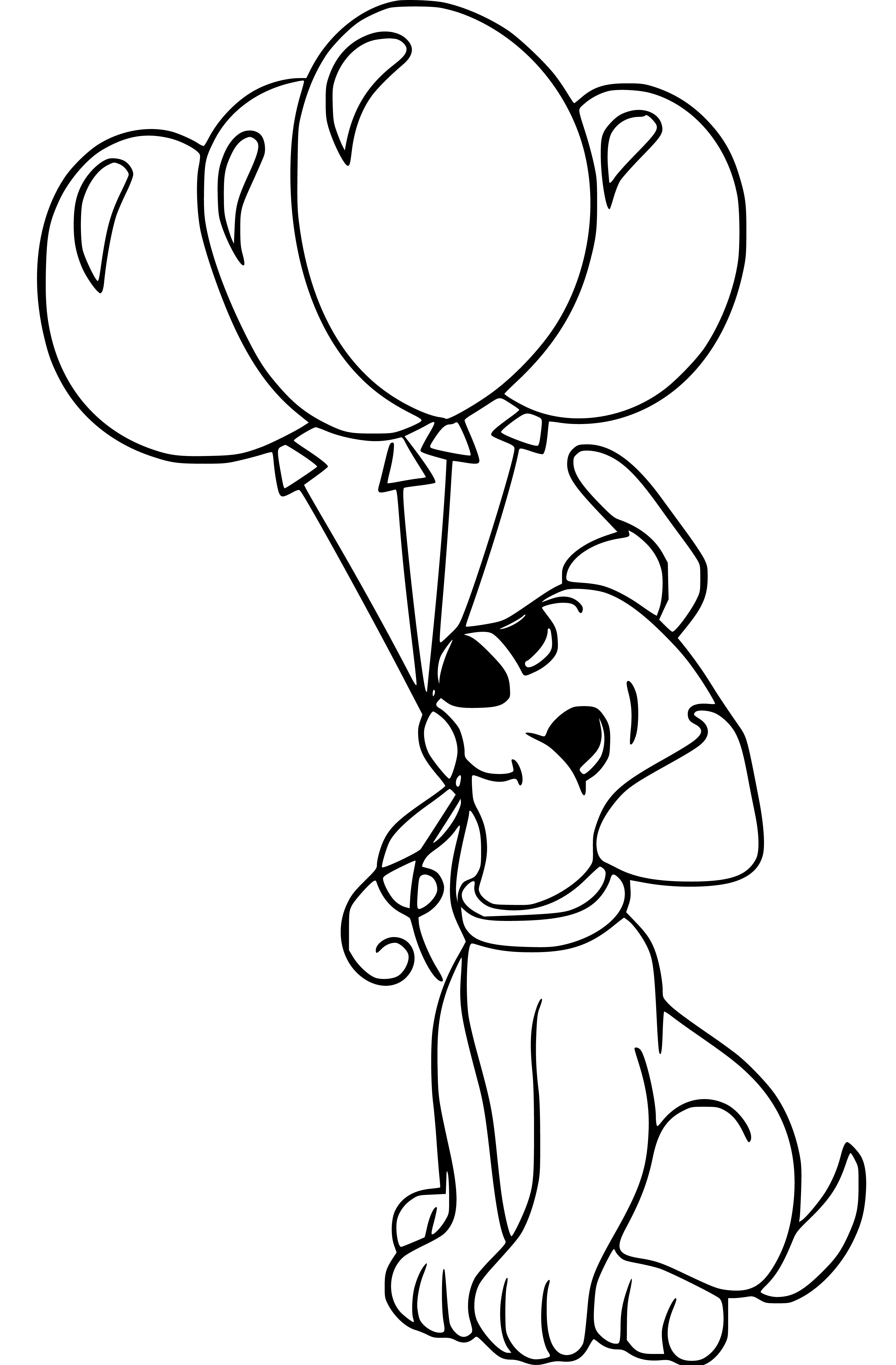 Printable Puppy with balloons Coloring Page for kids.