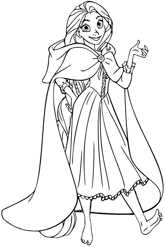 Printable Rapunzel wearing an outfit Coloring Page for kids.