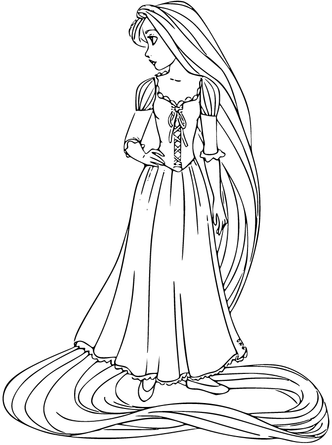 Printable Rapunzel looking back Coloring Page for kids.