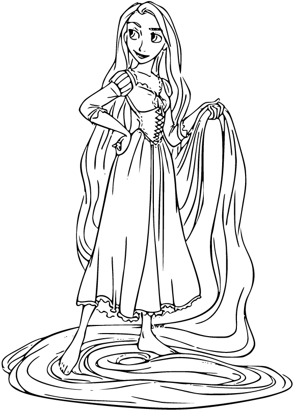 Printable Rapunzel holding her long hair Coloring Page for kids.