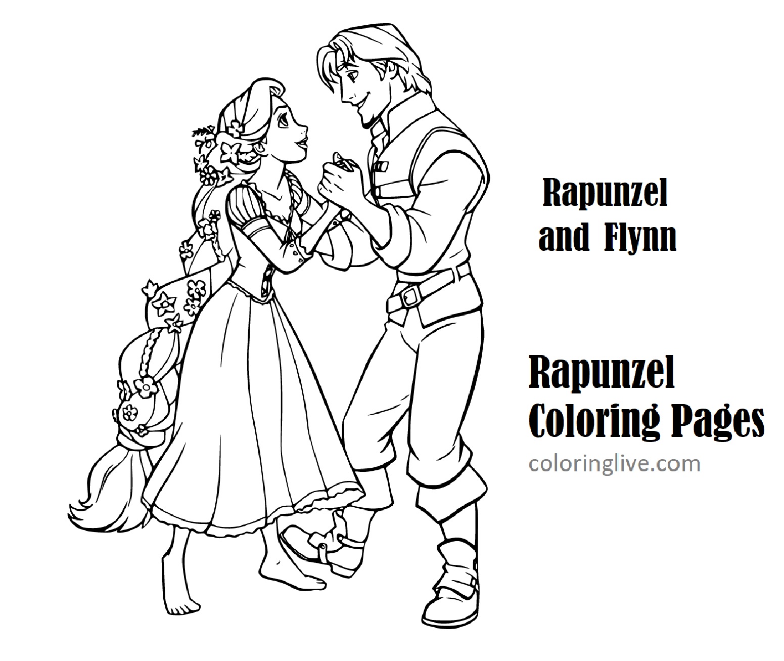 Printable Rapunzel and Flynn Dancing (Tangled) Coloring Page for kids.