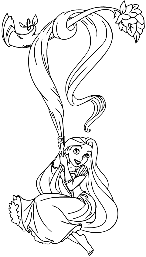 Printable Sweet Rapunzel holding her hair Coloring Page for kids.