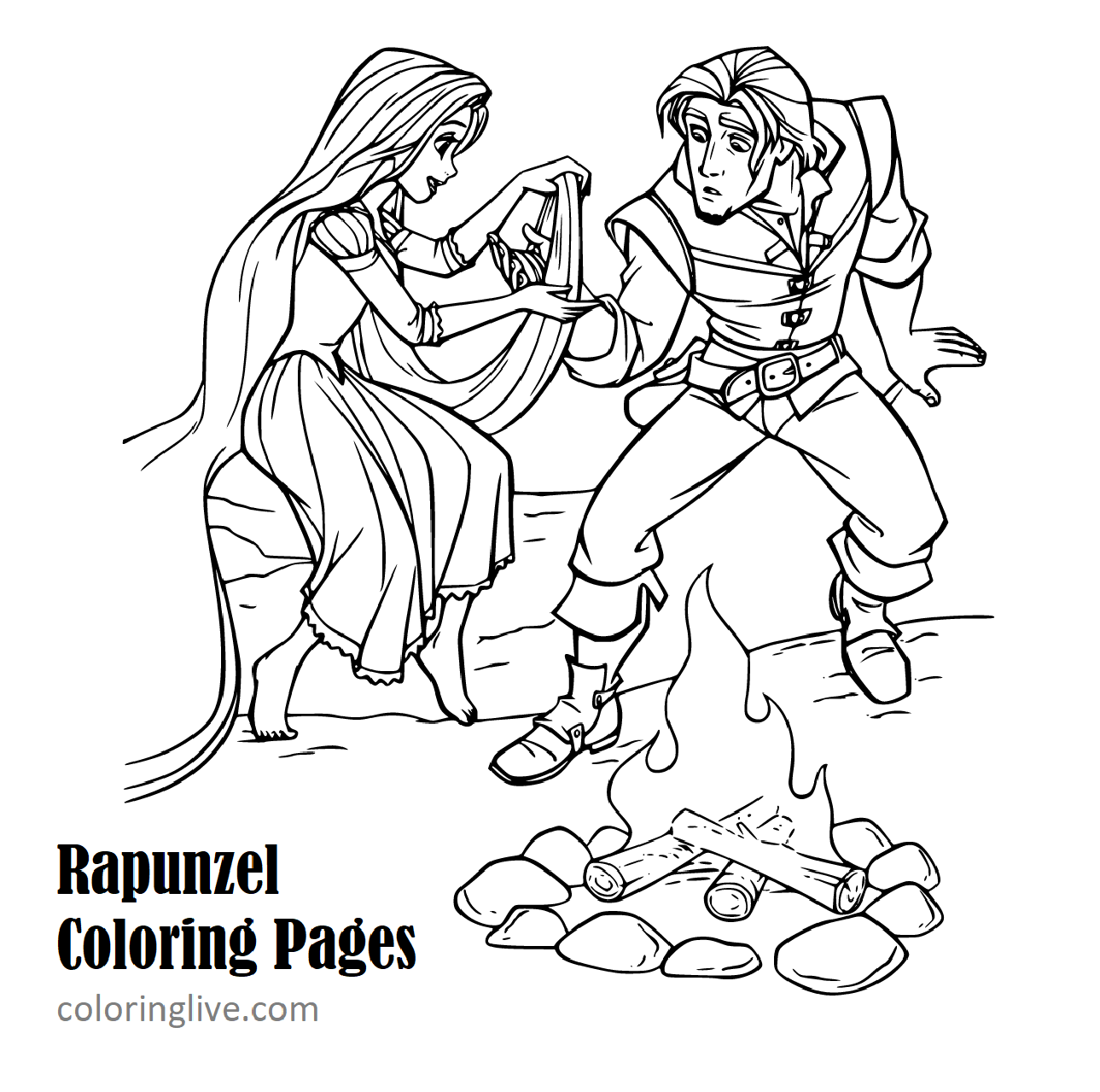 Printable Tangled: Rapunzel and Flynn Coloring Page for kids.