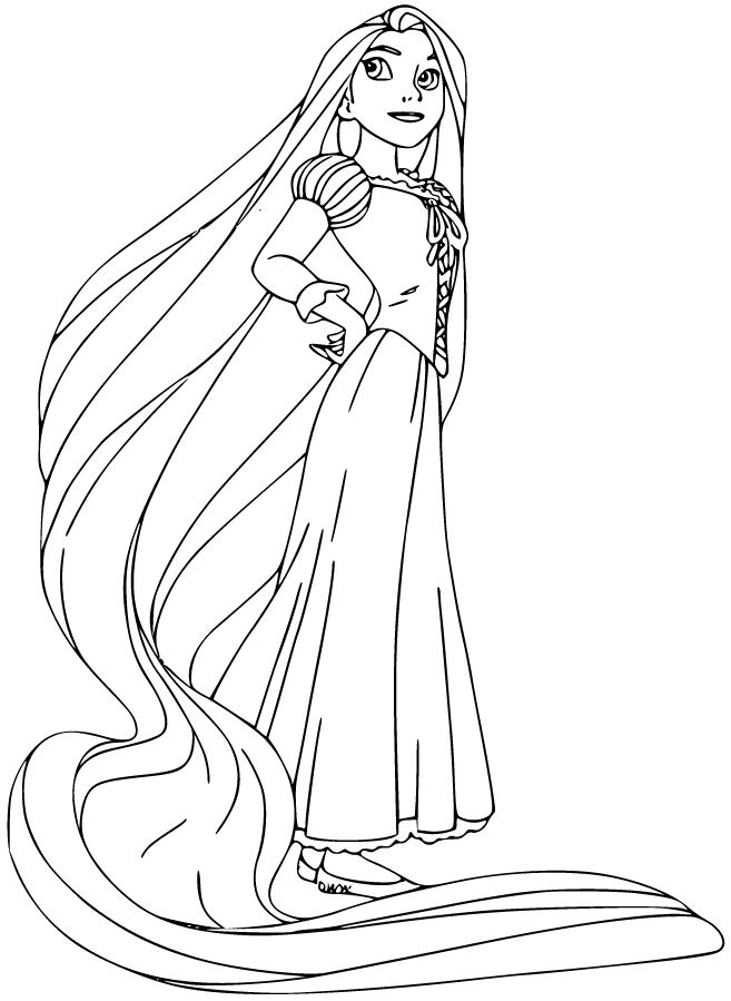 Printable Rapunzel standing outline Coloring Page for kids.