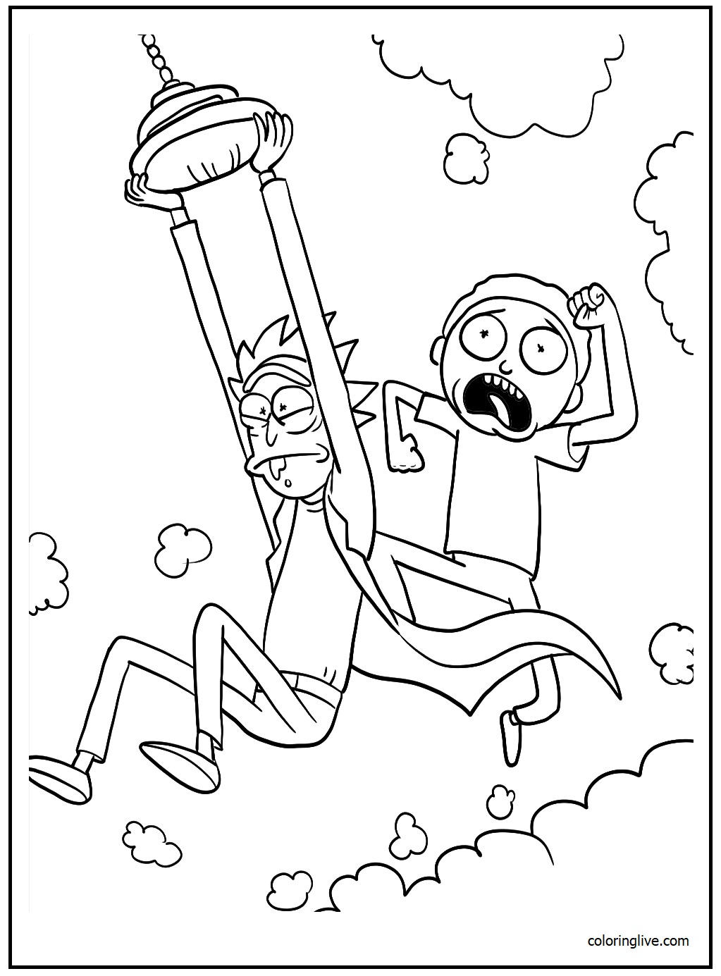Printable Rick and Morty flying Coloring Page for kids.
