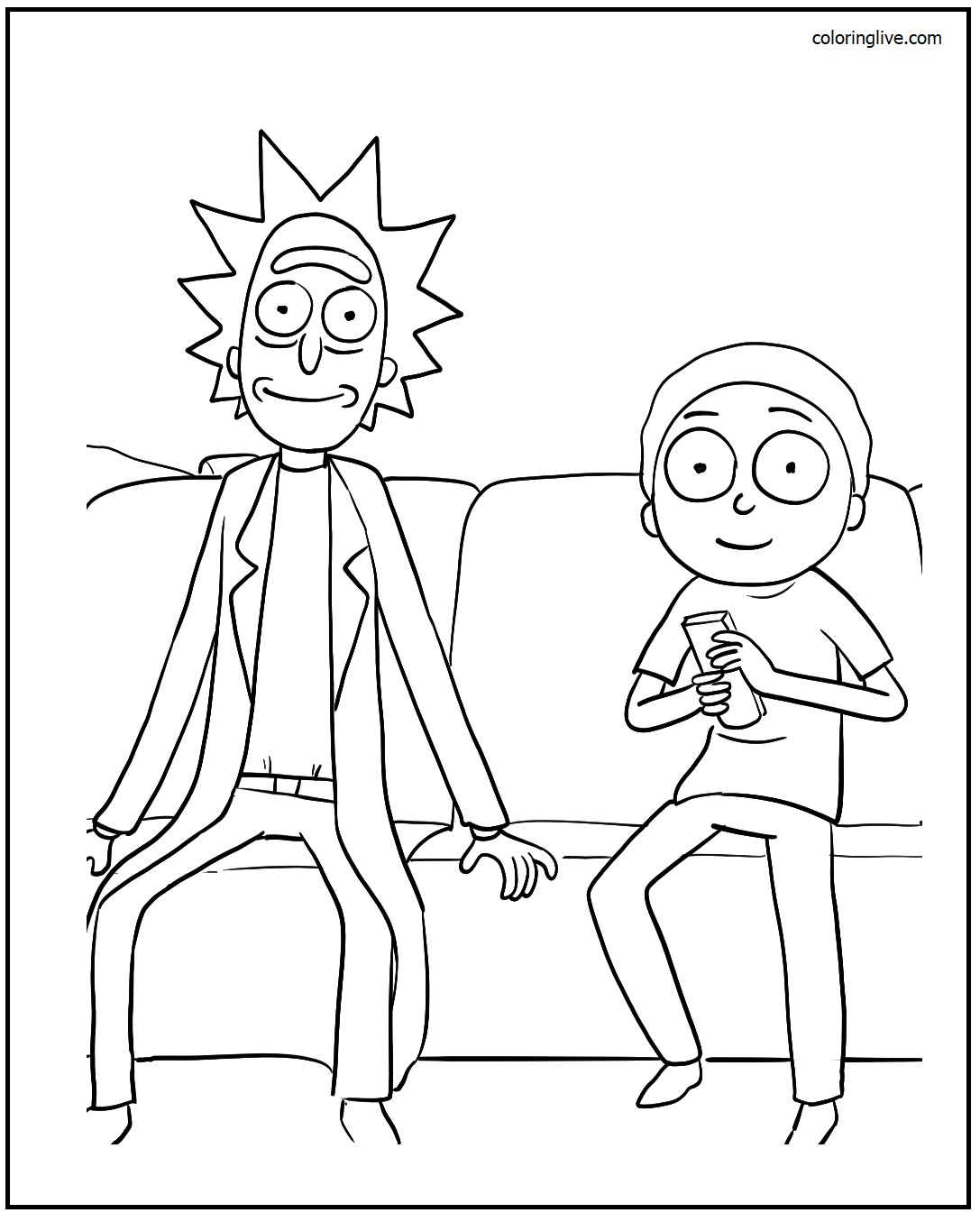 Printable Rick and Morty watching tv Coloring Page for kids.