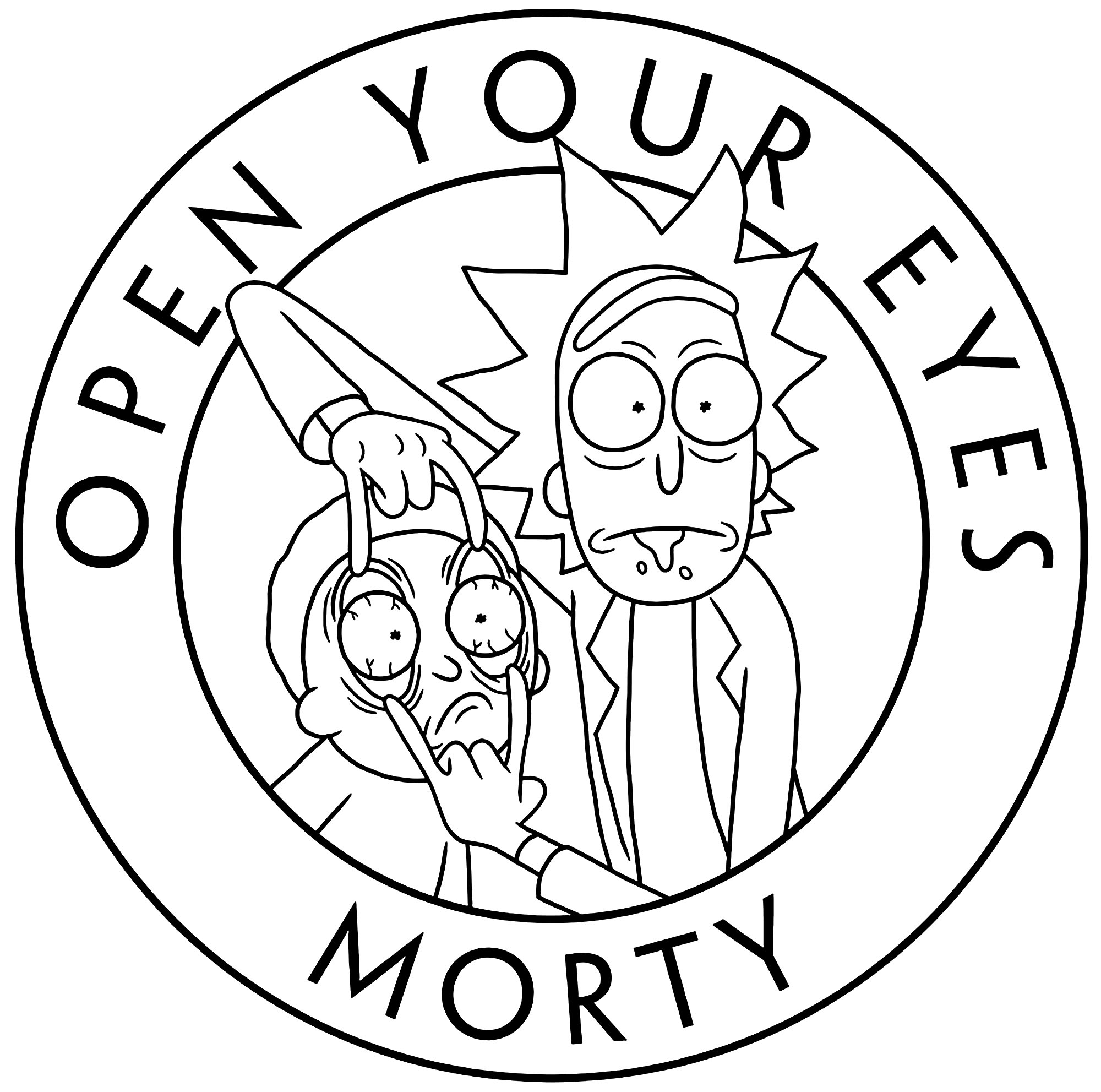 Printable Rick and Morty Open Your Eyes Morty Coloring Page for kids.