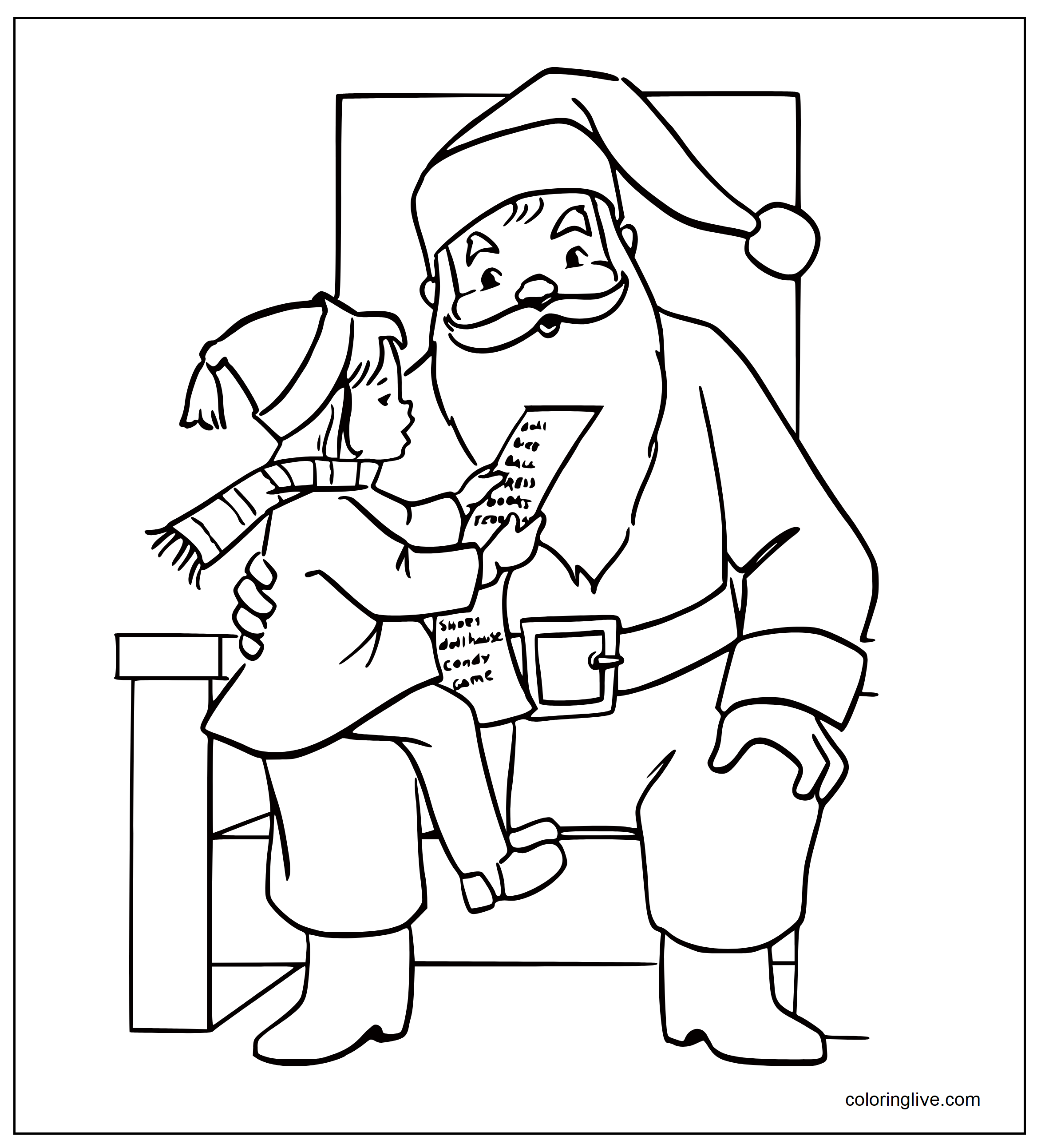 Printable Santa checking gift list Coloring Page for kids.