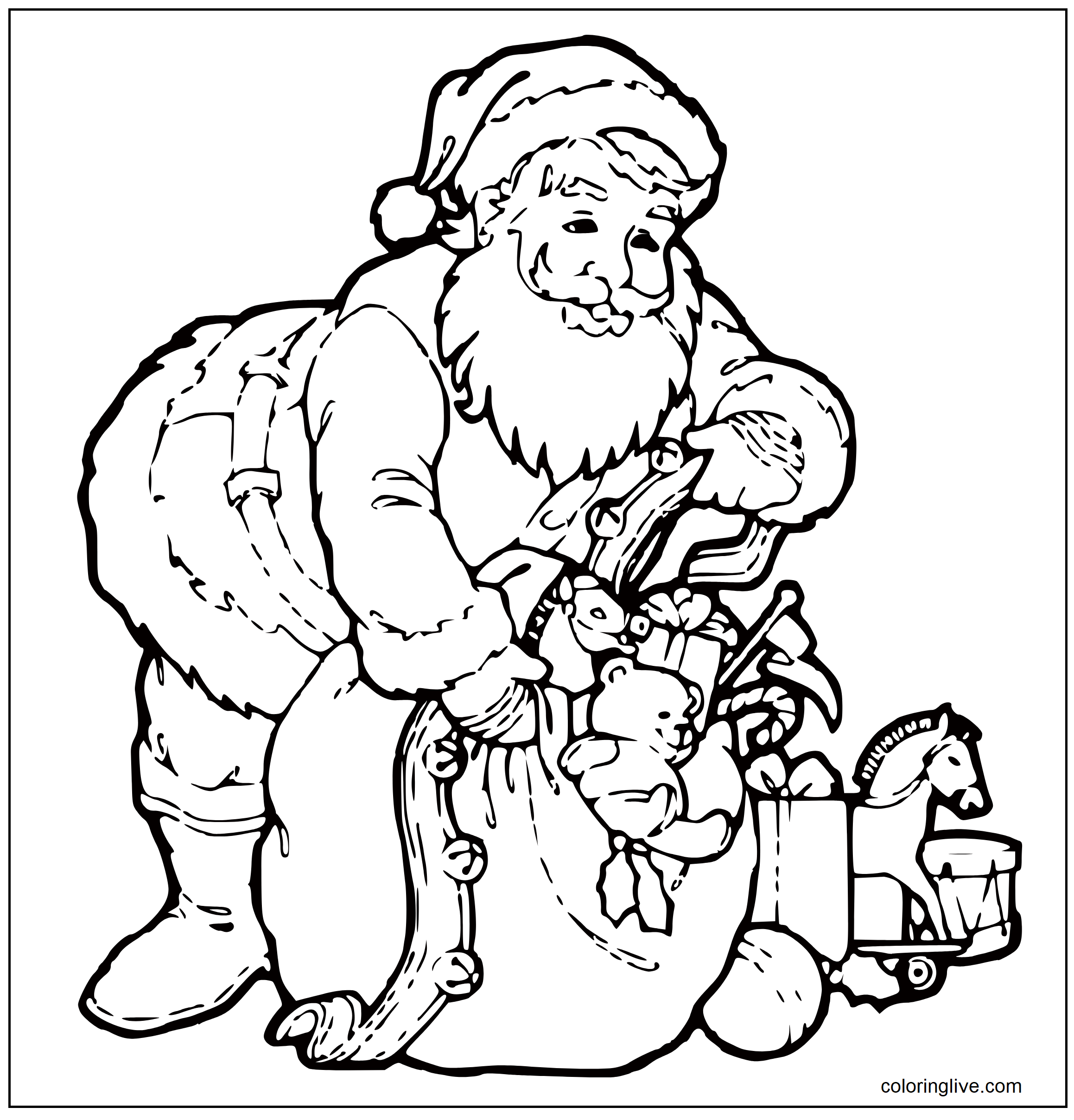Printable Santa and his presents Coloring Page for kids.