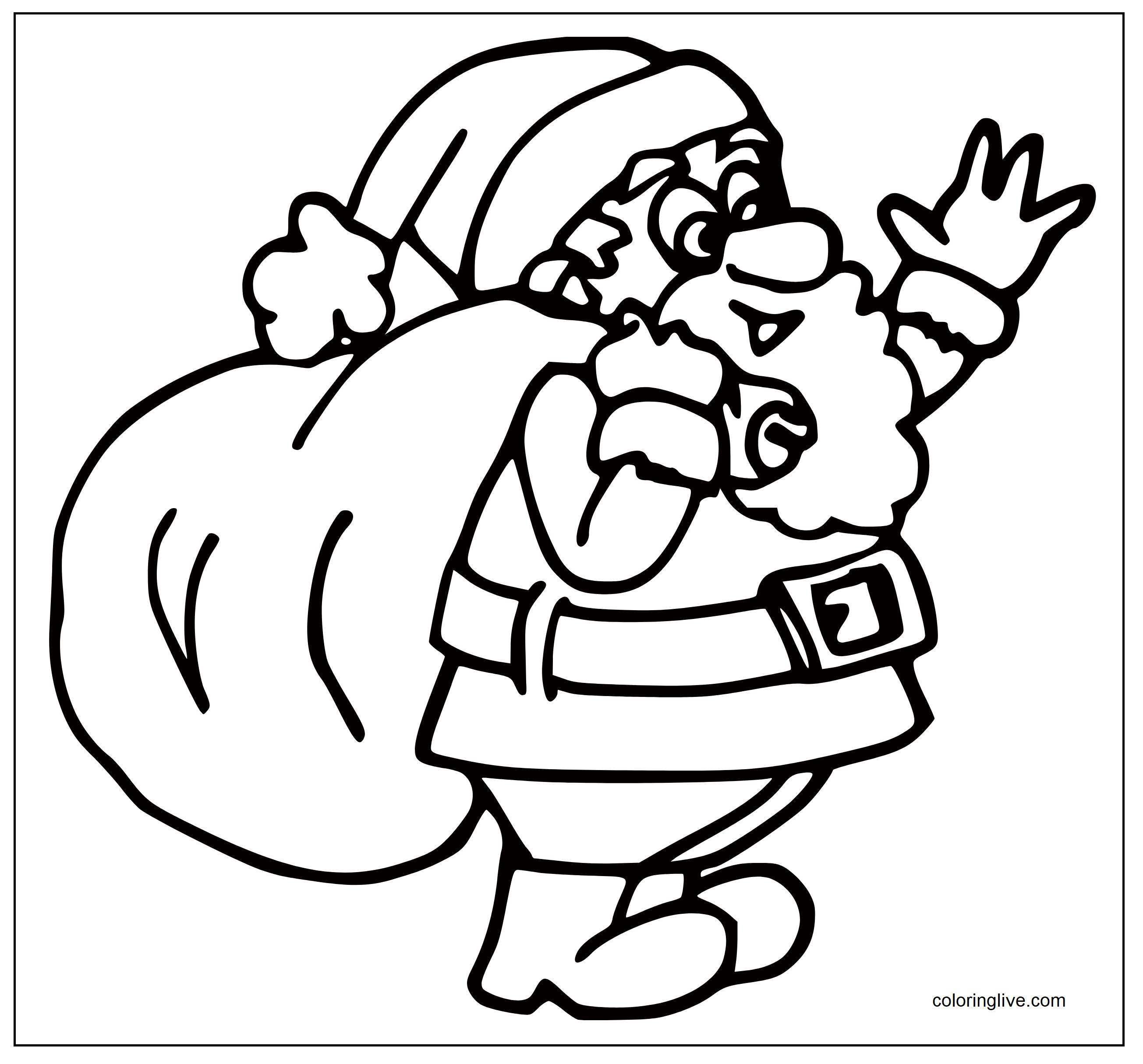 Printable Santa carrying gift bag Coloring Page for kids.
