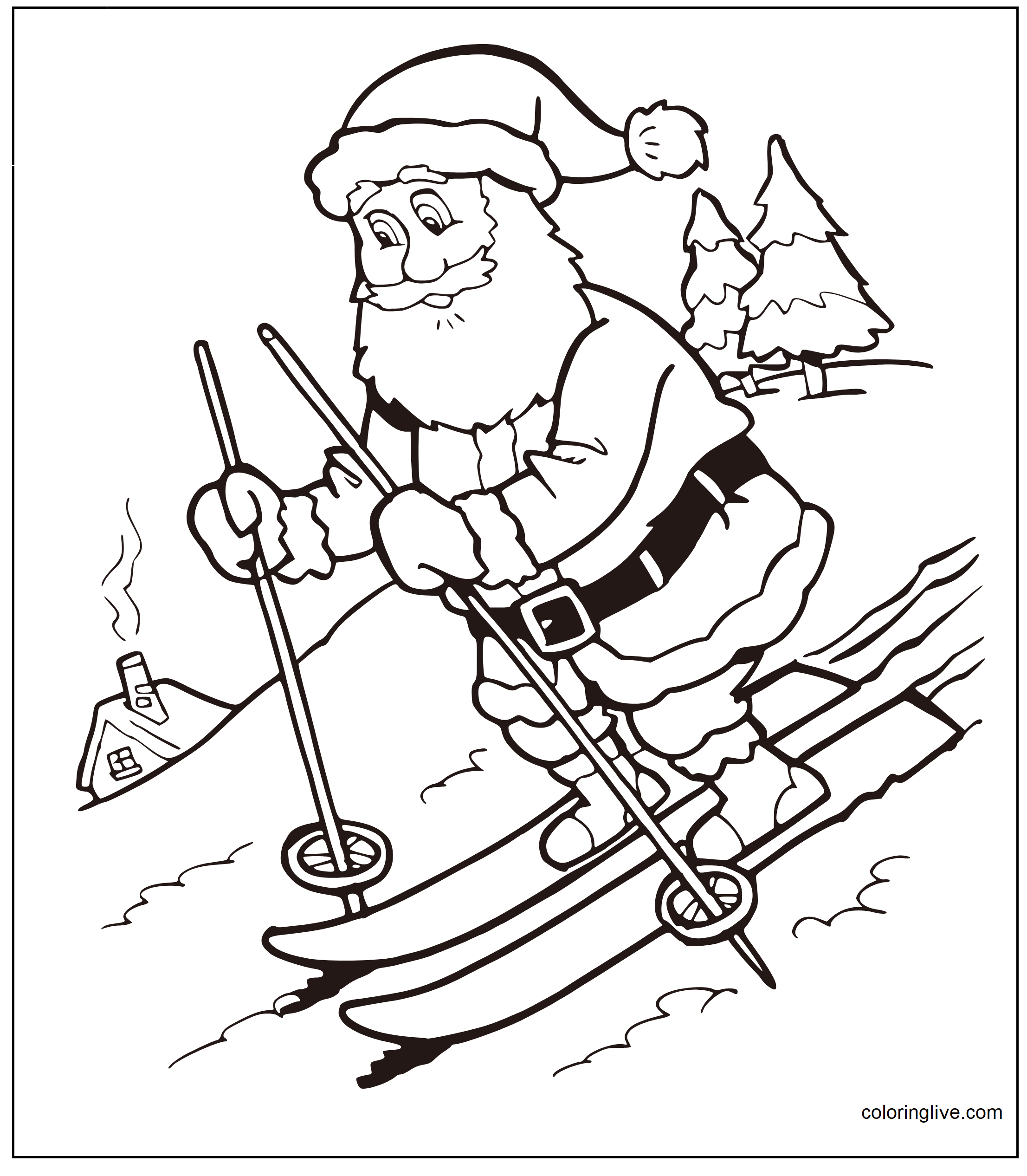 Printable Santa is skiing  sheet Coloring Page for kids.