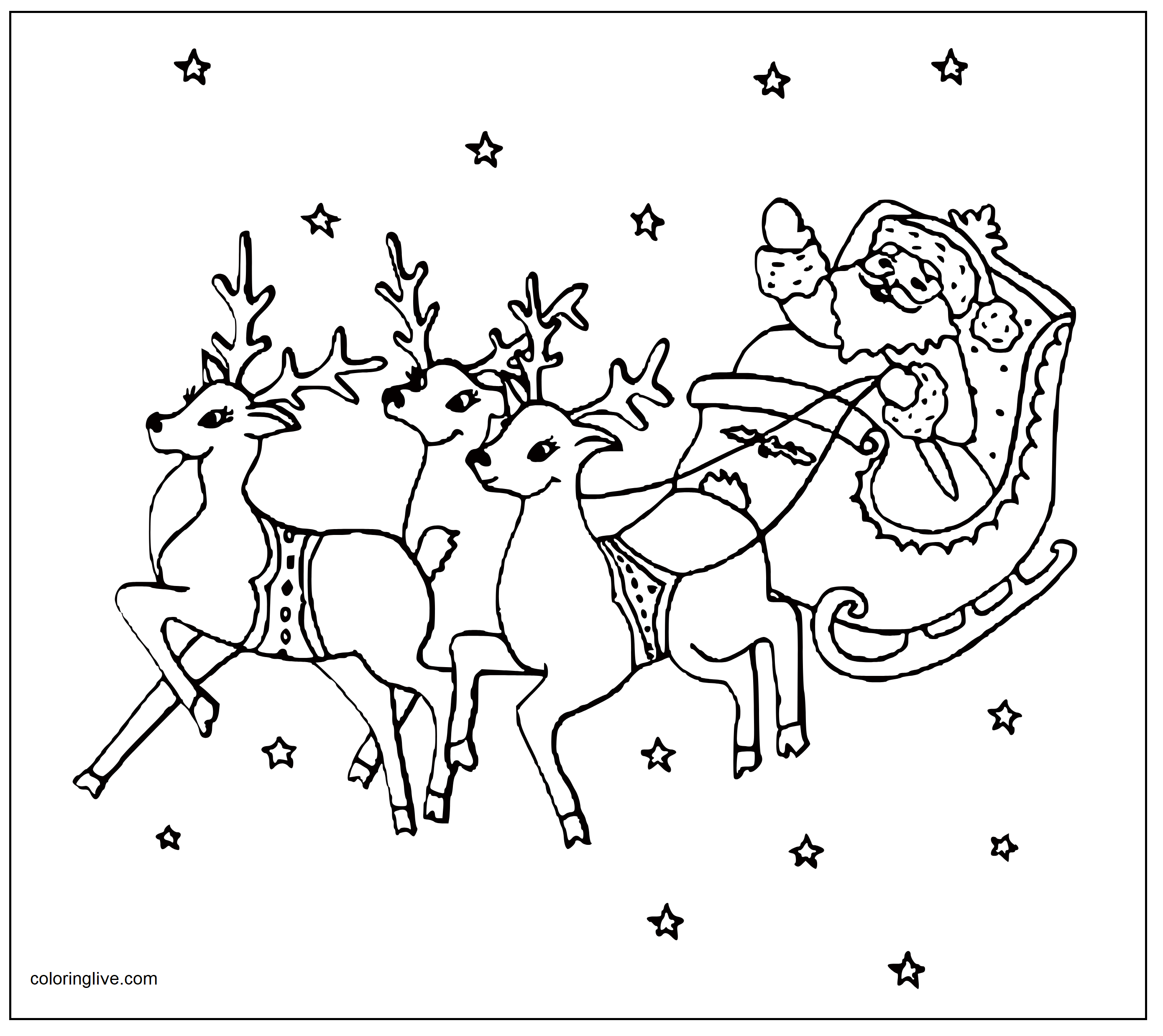Printable santa and reindeers Coloring Page for kids.